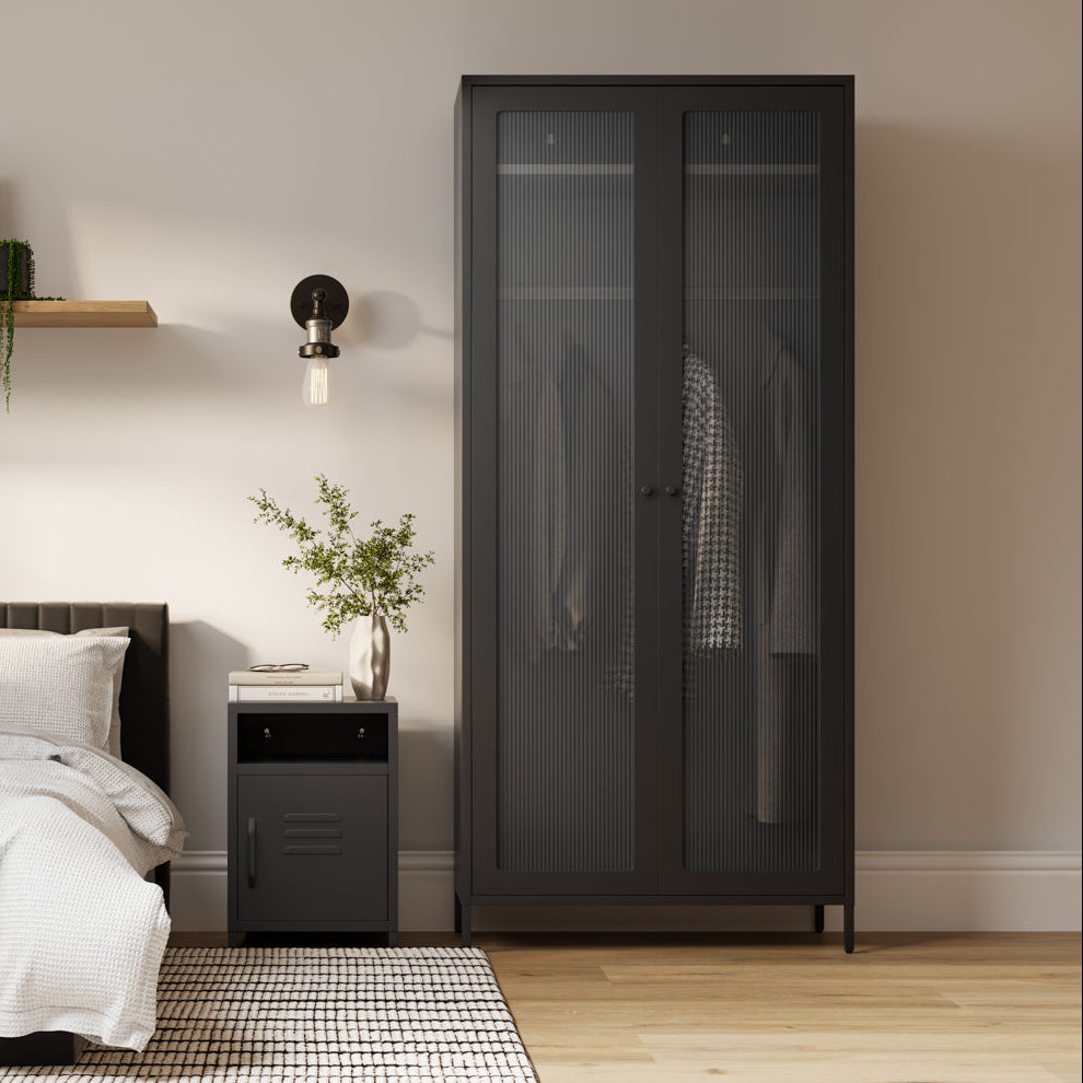 Storm Black Steel & Ribbed Glass Double Wardrobe