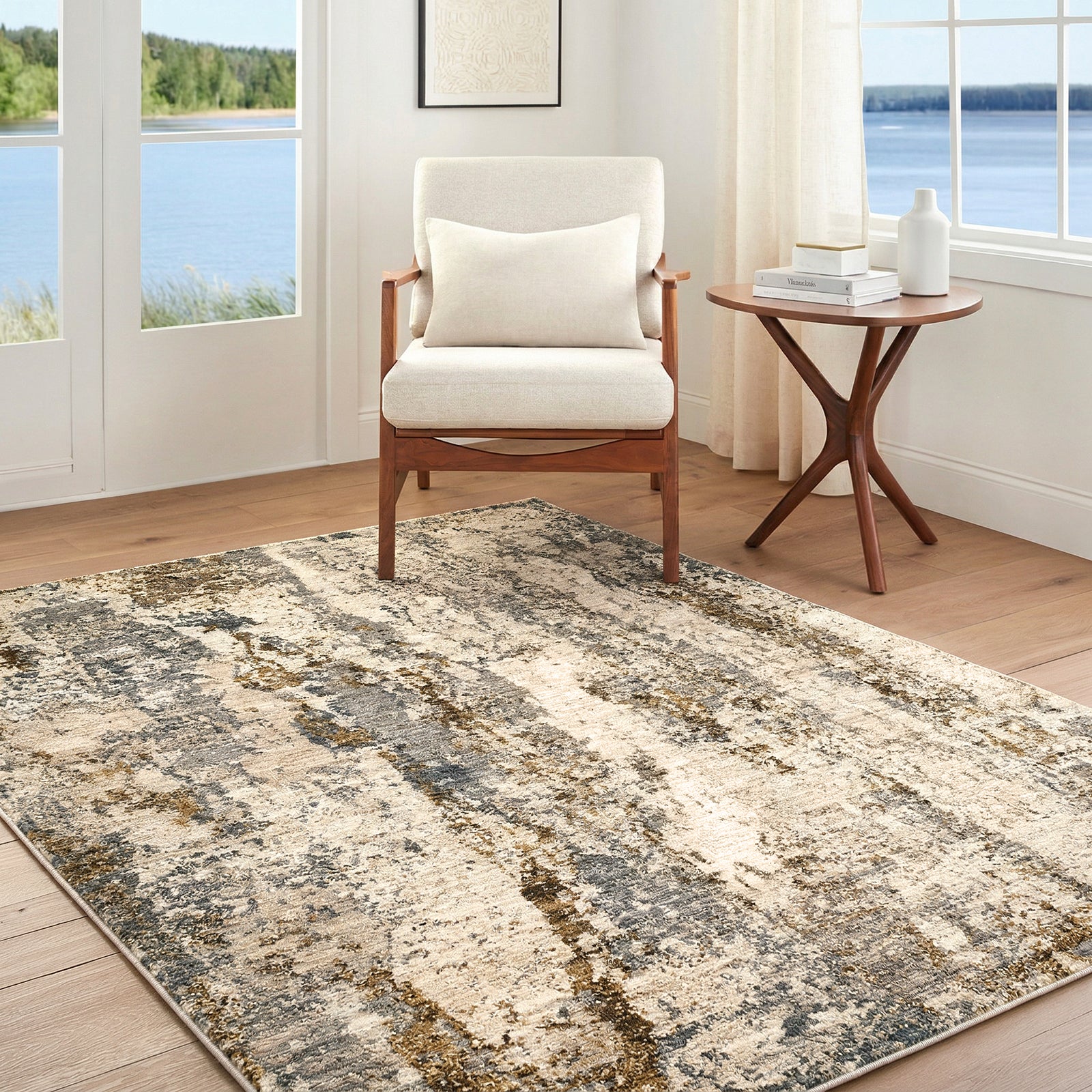 Arda Abstract Modern Marble Taupe & Medium Grey Polyester Rug 152x225cm - room setting