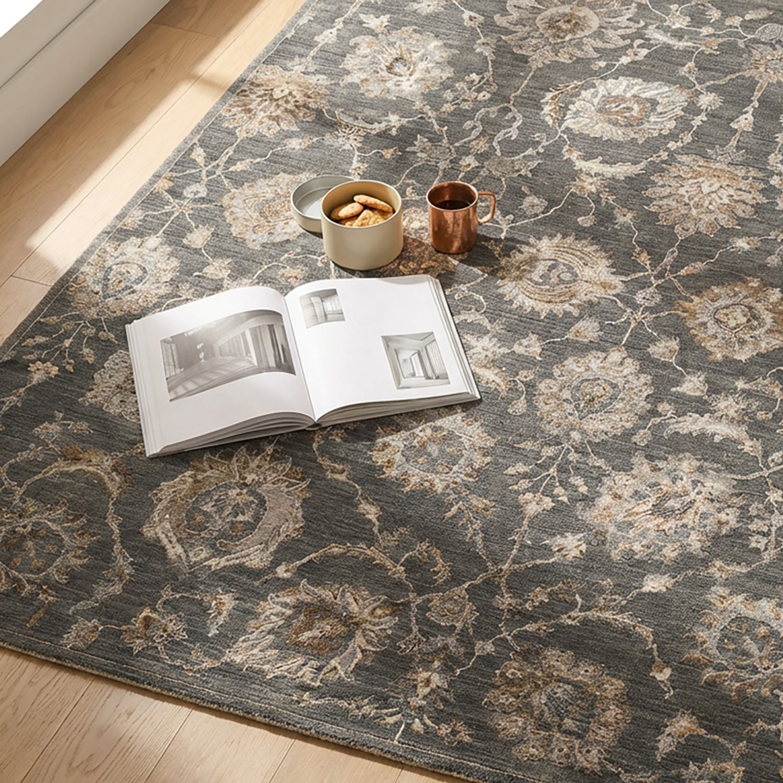 Arda Vintage Traditional Blue & Deep Teal & Dark Green Polyester Rug 152x225cm - styled detail