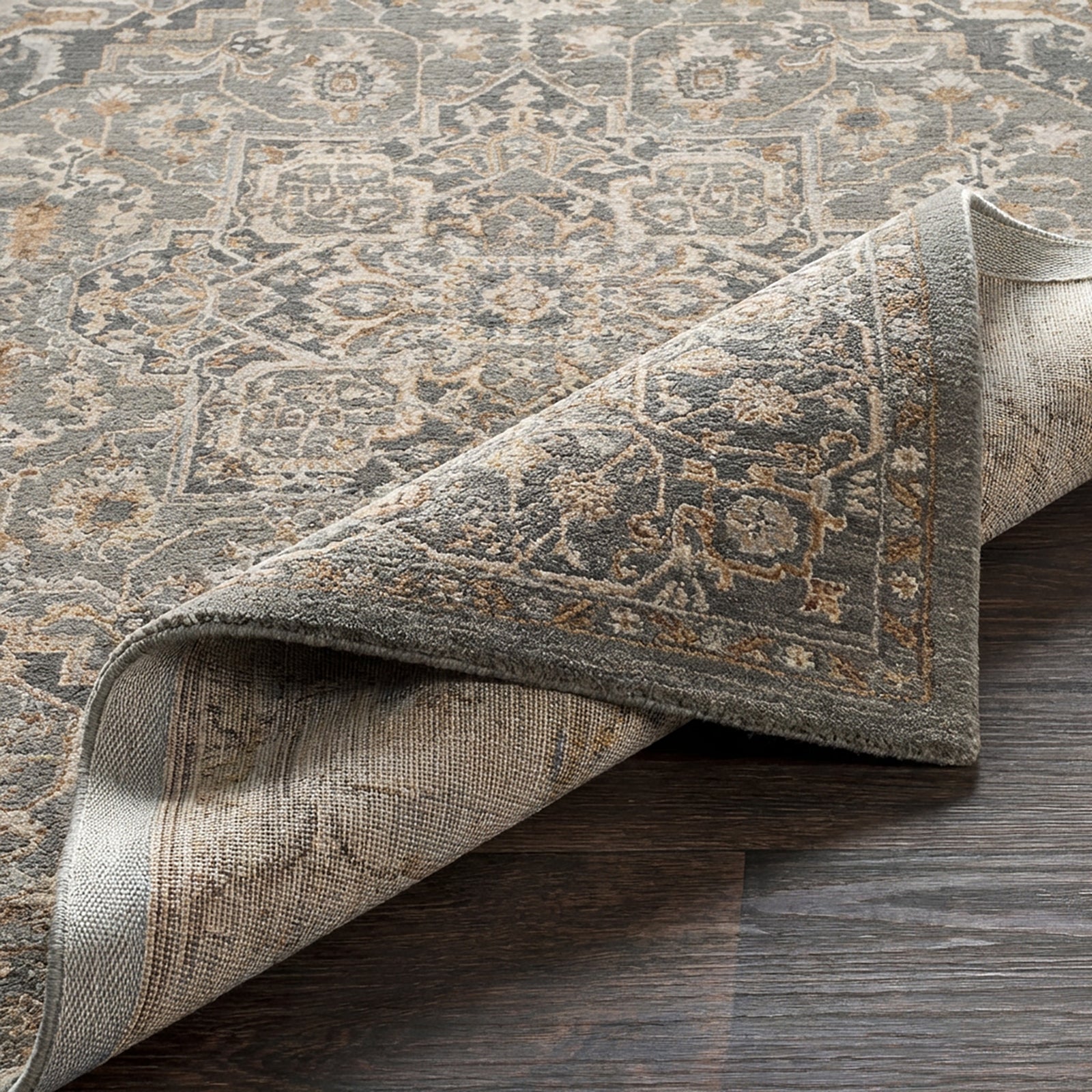 Arda Vintage Traditional Blue & Deep Teal & Dark Green Polyester Rug 152x225cm - folded detail