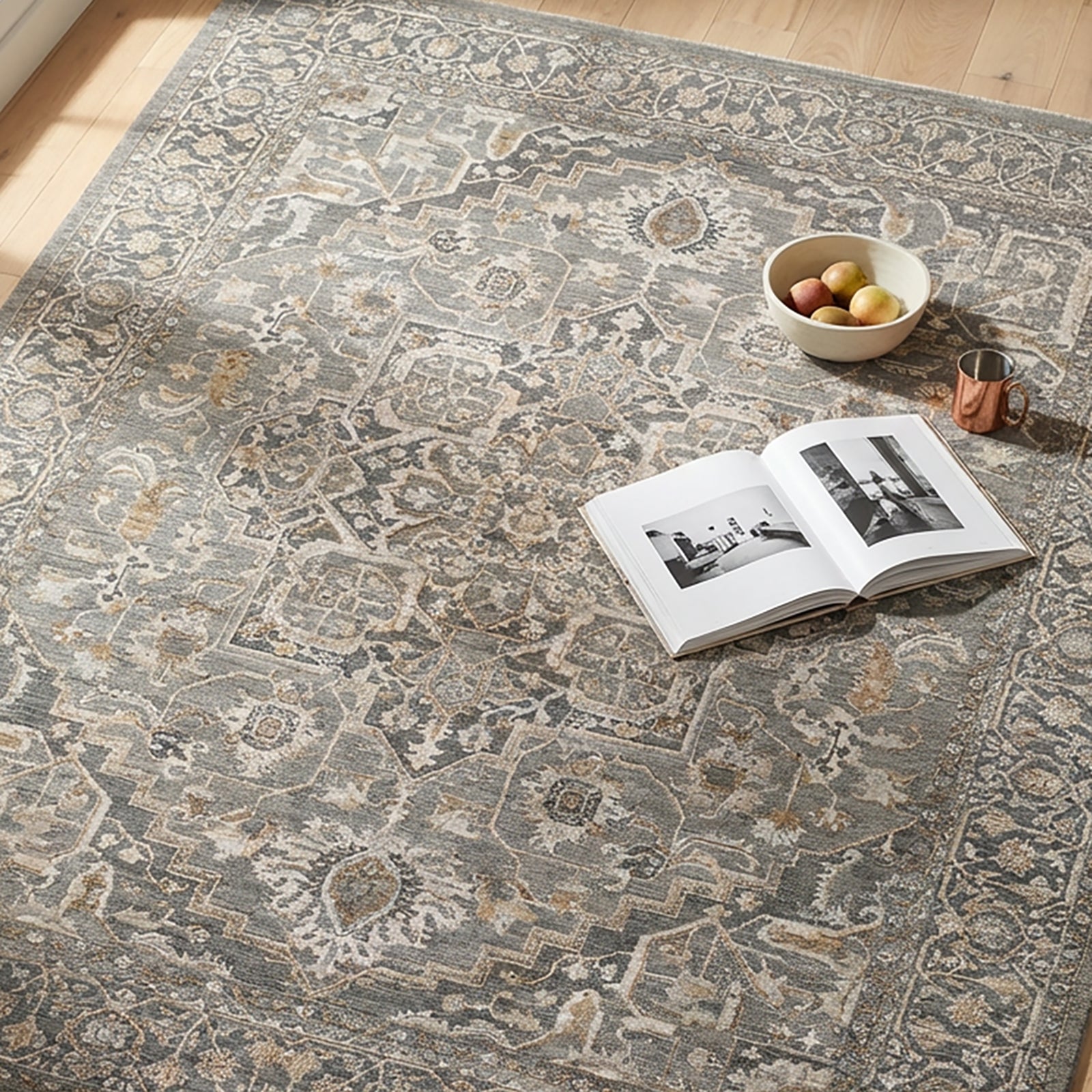 Arda Vintage Traditional Blue & Deep Teal & Dark Green Polyester Rug 152x225cm - styled detail