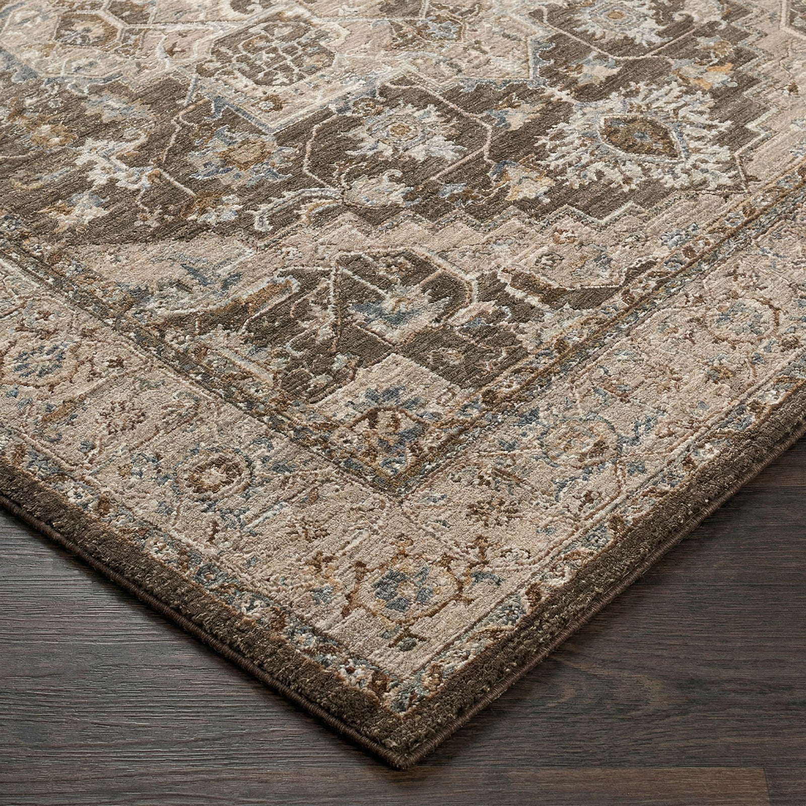 Arda Vintage Traditional Brown & Medium Grey & Charcoal Polyester Rug 152x225cm - corner detail