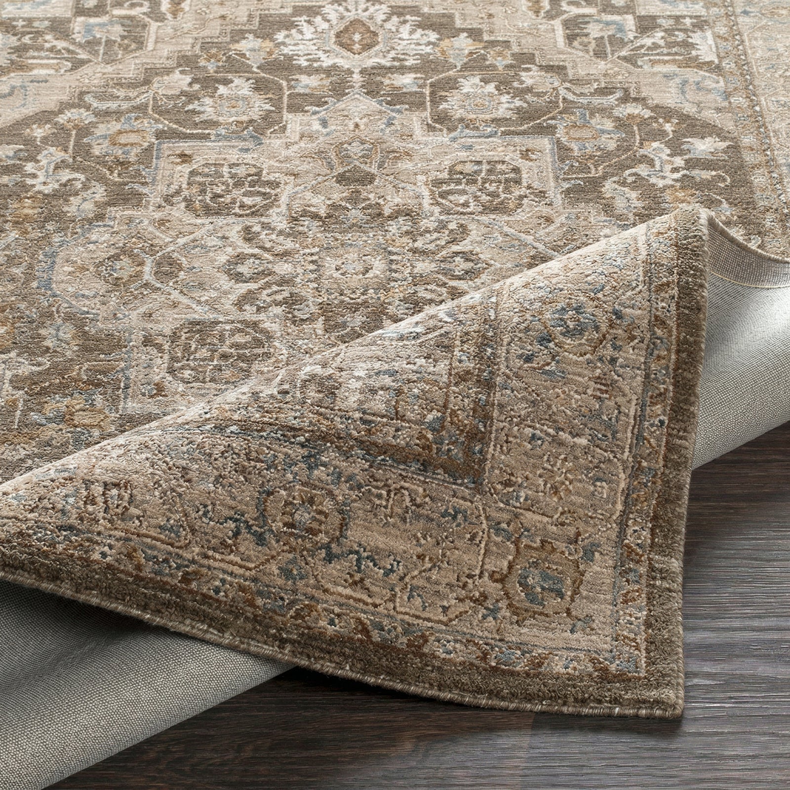 Arda Vintage Traditional Brown & Medium Grey & Charcoal Polyester Rug 200x290cm - folded detail