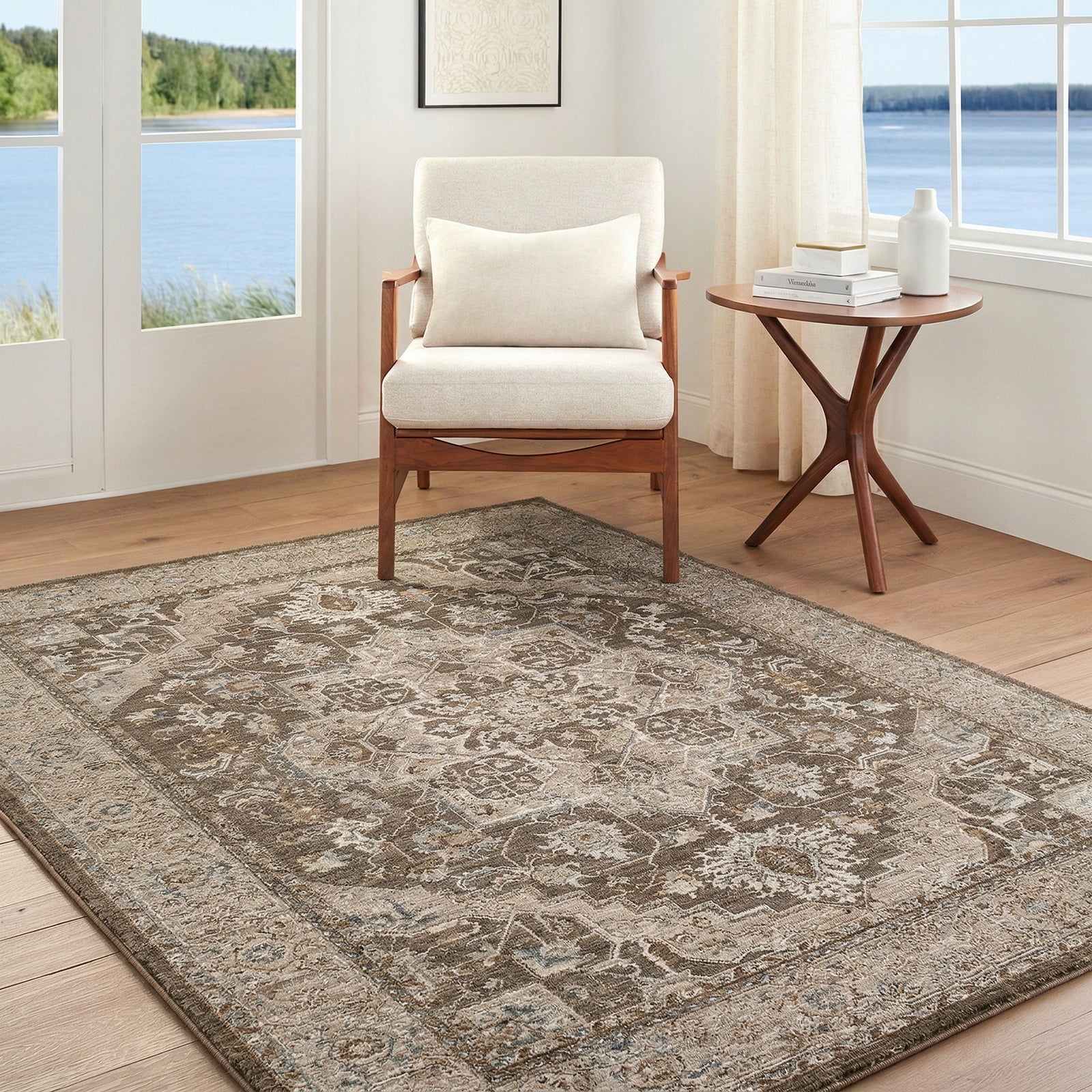 Arda Vintage Traditional Brown & Medium Grey & Charcoal Polyester Rug 200x290cm - room setting