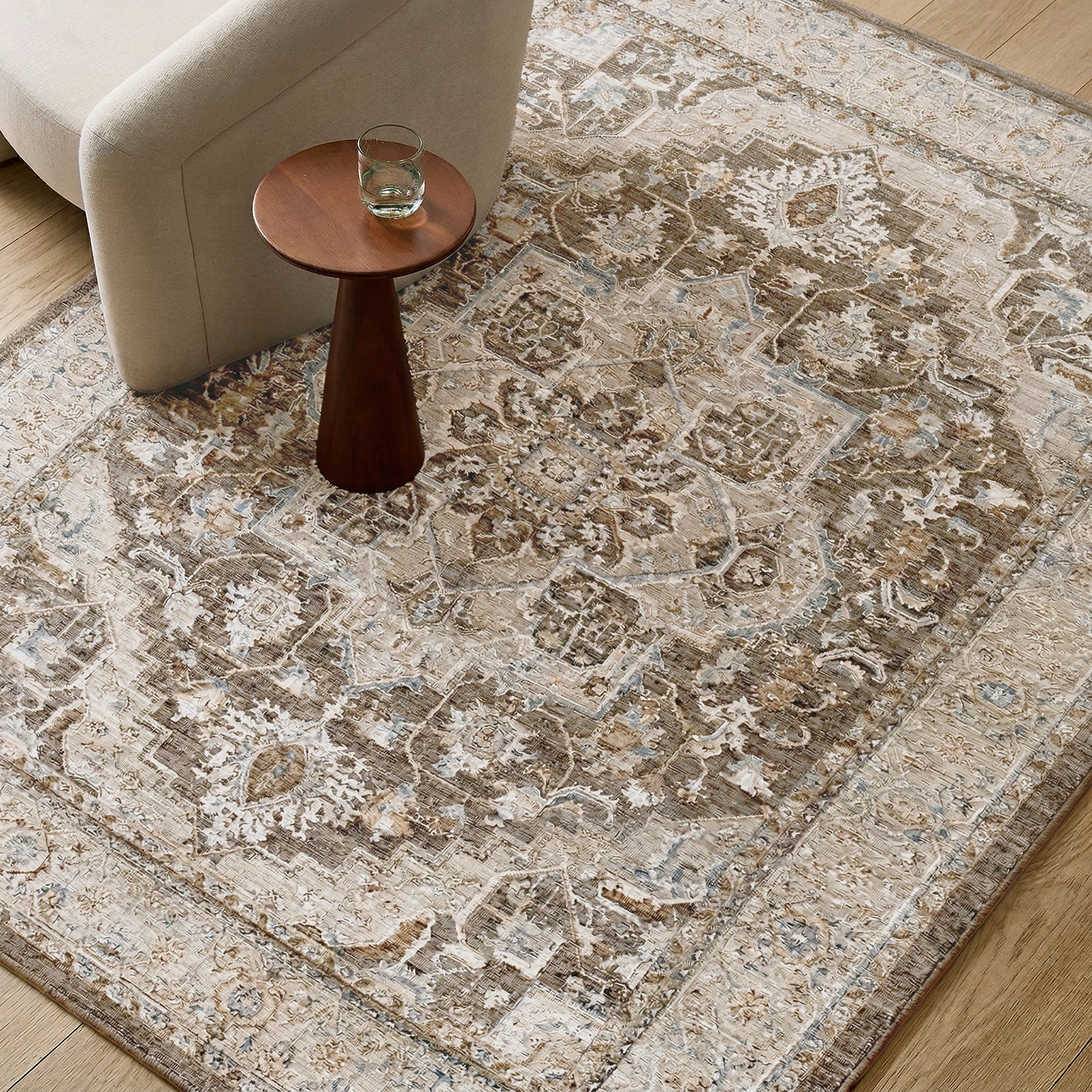 Arda Vintage Traditional Brown & Medium Grey & Charcoal Polyester Rug 200x290cm - styled detail