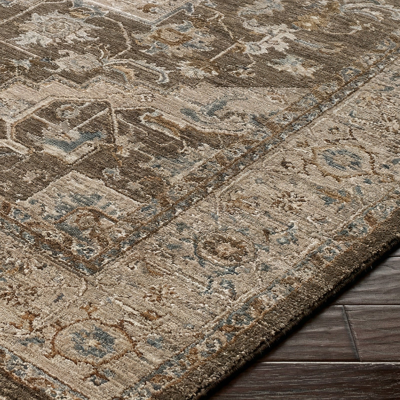 Arda Vintage Traditional Brown & Medium Grey & Charcoal Polyester Rug 200x290cm - texture detail