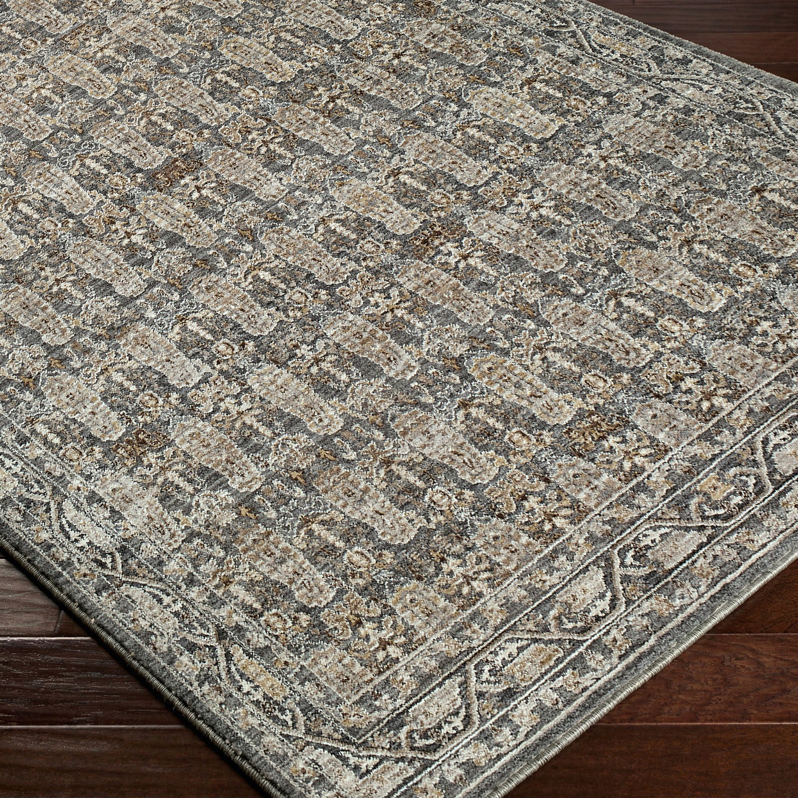 Arda Vintage Traditional Green & Dark Green & Medium Grey Polyester Rug 200x290cm - corner detail