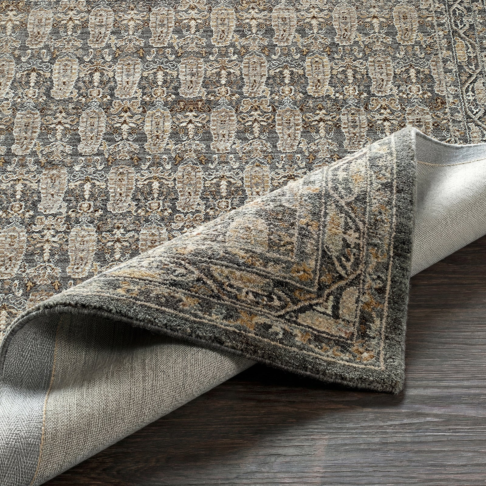 Arda Vintage Traditional Green & Dark Green & Medium Grey Polyester Rug 200x290cm - folded detail