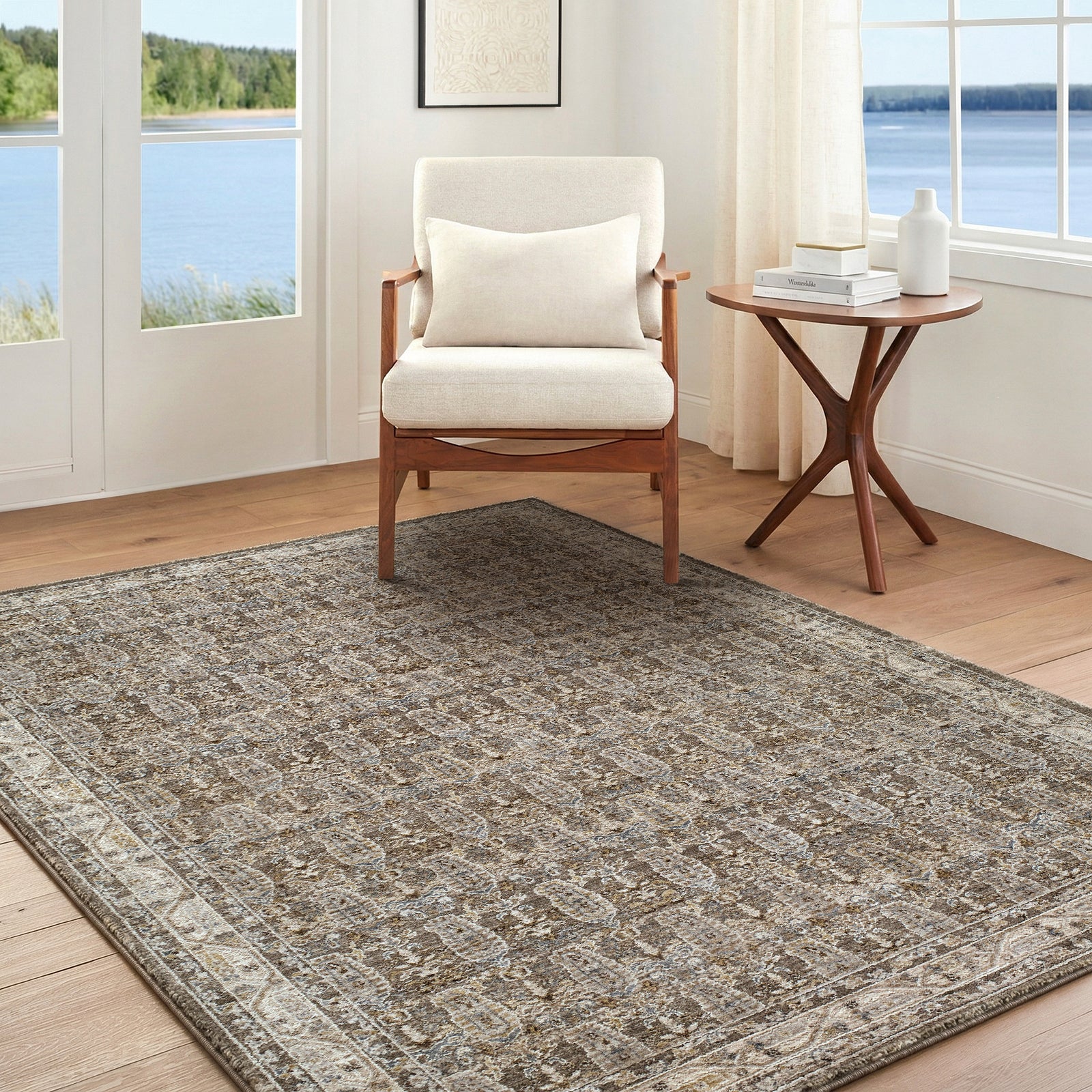 Arda Vintage Traditional Taupe & Charcoal & Medium Grey Polyester Rug 152x225cm - room setting