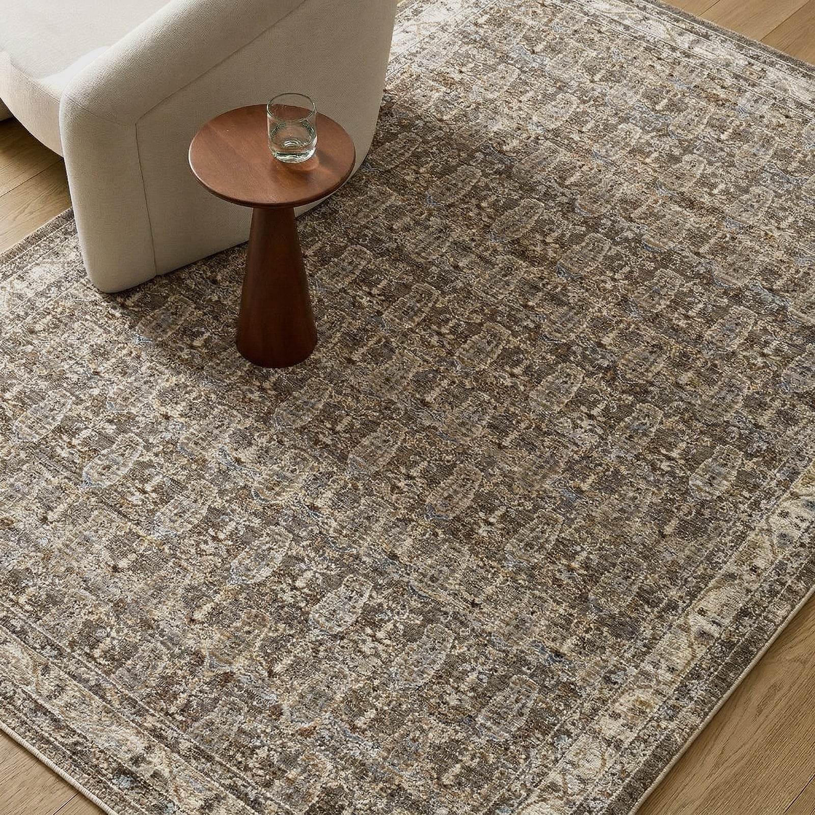 Arda Vintage Traditional Taupe & Charcoal & Medium Grey Polyester Rug 152x225cm - styled detail