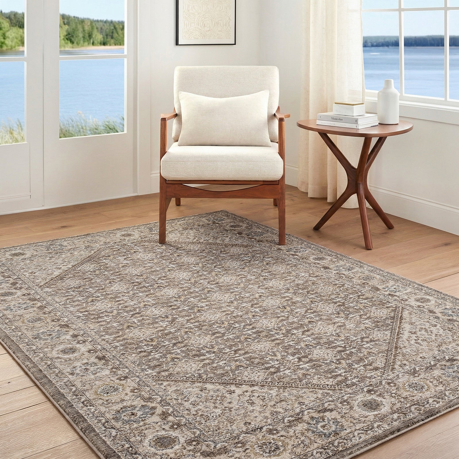 Arda Vintage Traditional Taupe & Charcoal & Medium Grey Polyester Rug 152x225cm - room setting