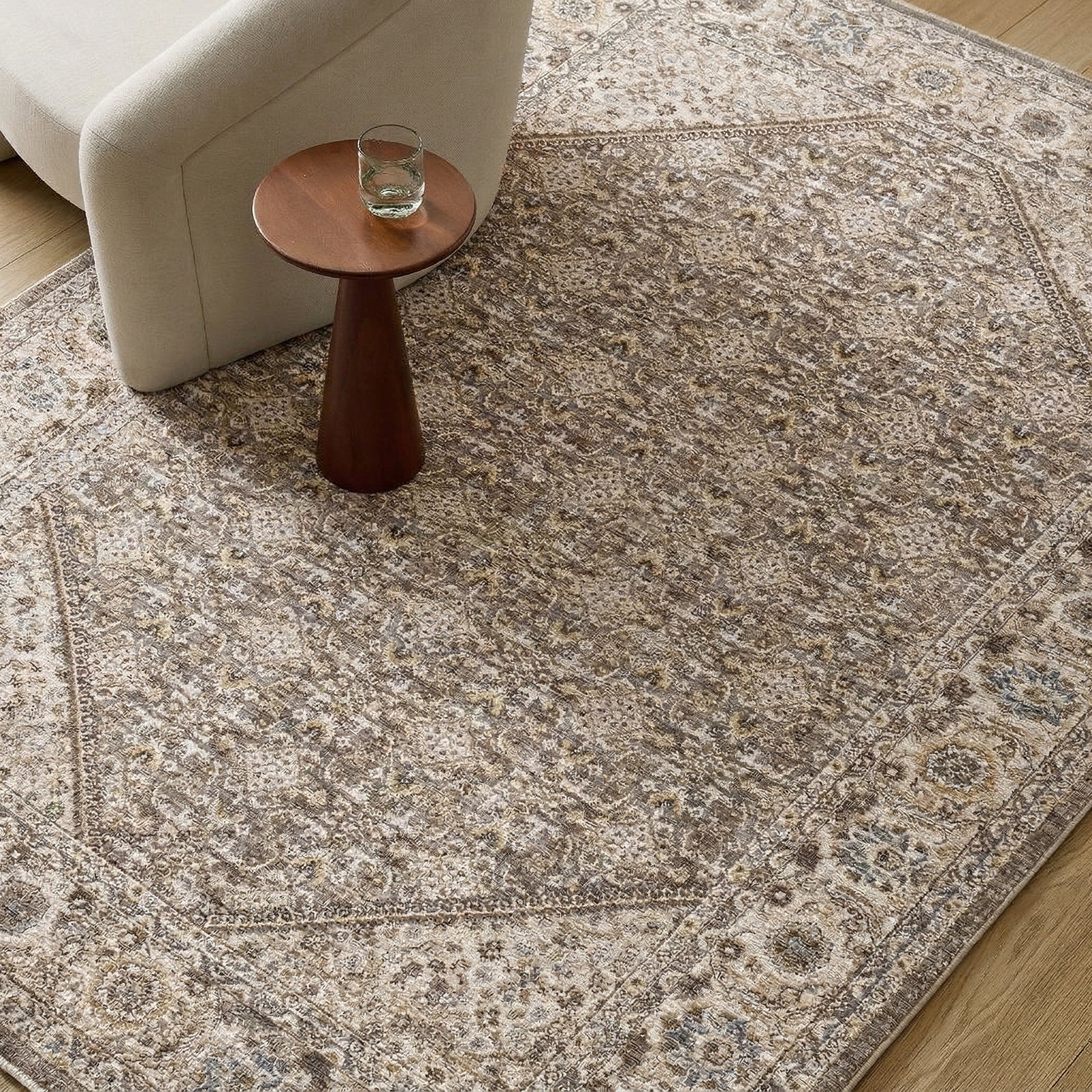 Arda Vintage Traditional Taupe & Charcoal & Medium Grey Polyester Rug 152x225cm - styled detail
