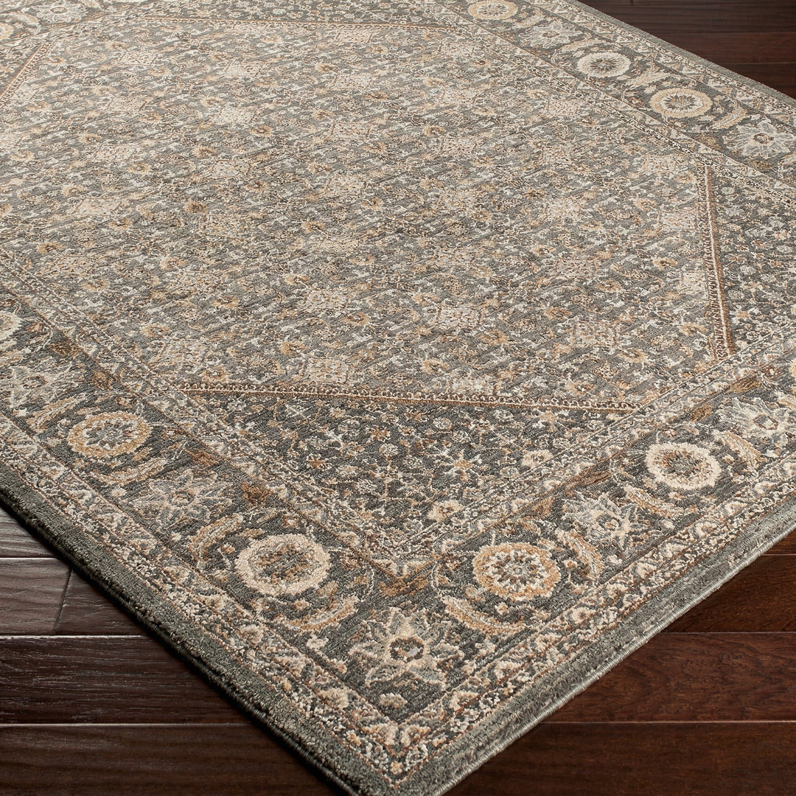 Arda Vintage Traditional Green & Dark Green & Deep Teal Polyester Rug 152x225cm - corner detail