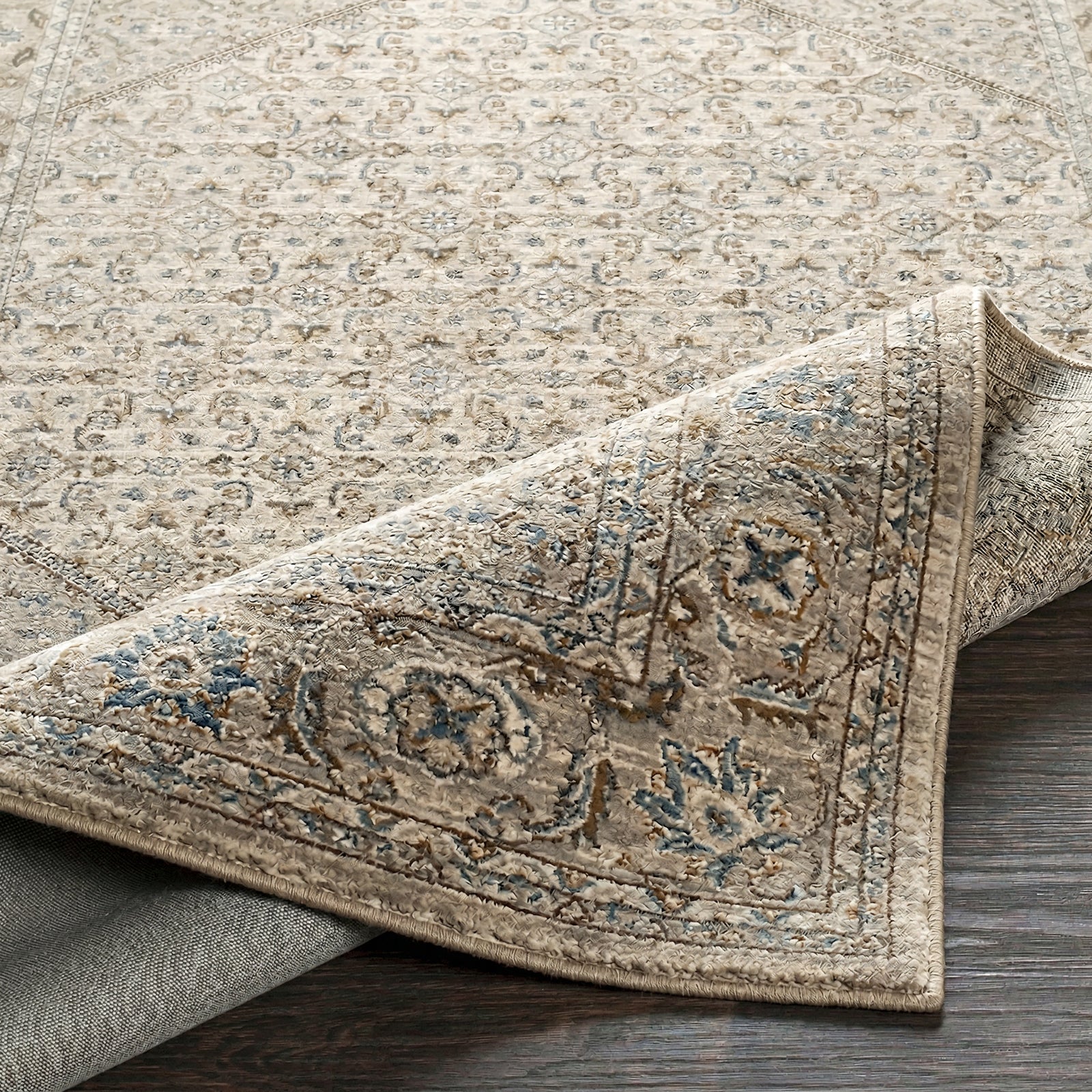 Arda Vintage Traditional Grey & Light Grey Polyester Rug 152x225cm - folded detail