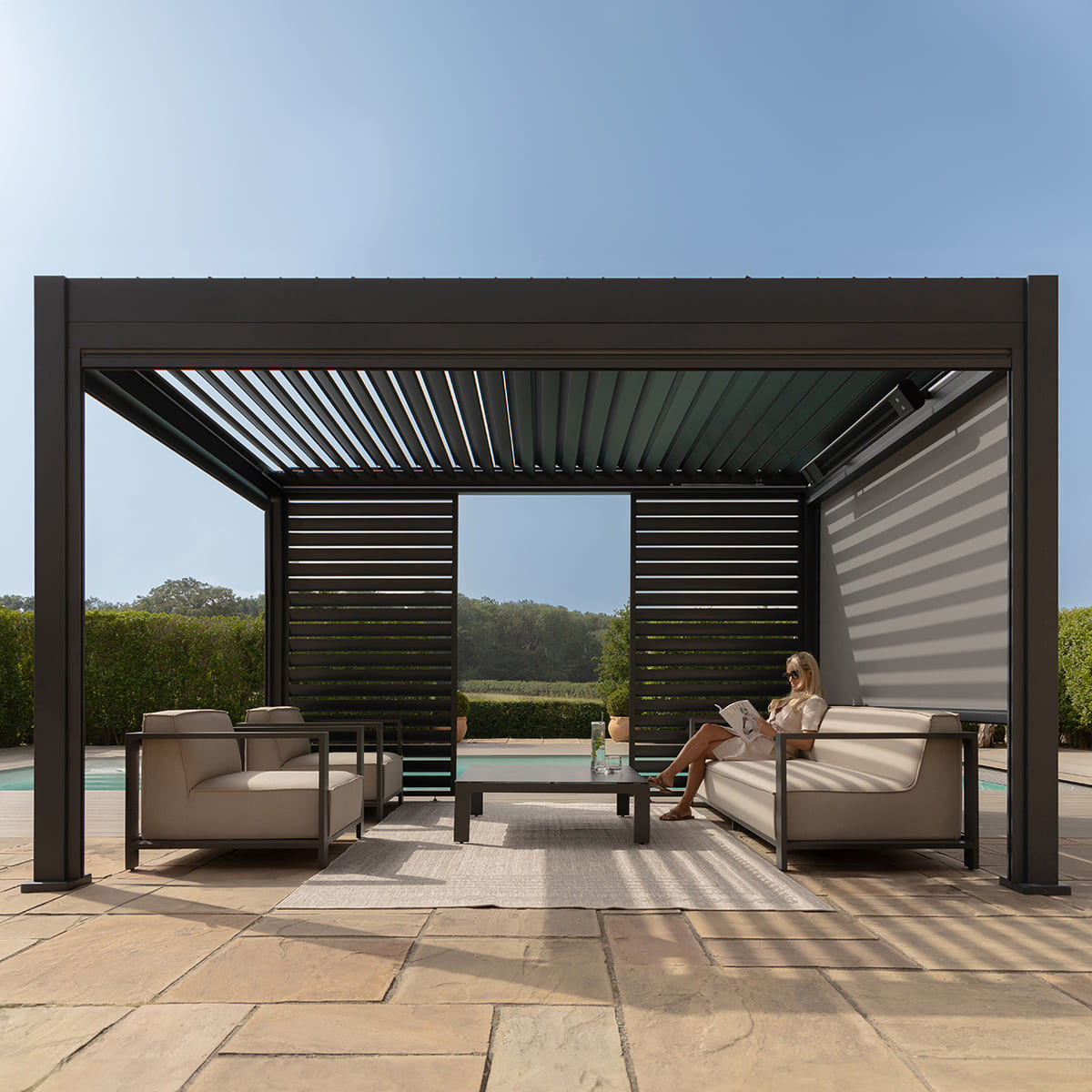 Eden Grey Aluminium Pergola Rectangular 3m x 4m - Electric Louvre Roof & LED Lighting