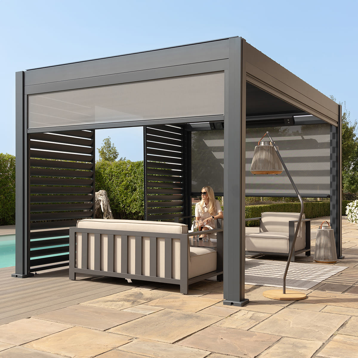 Eden Grey Aluminium Pergola Rectangular 3m x 4m - Electric Louvre Roof & LED Lighting