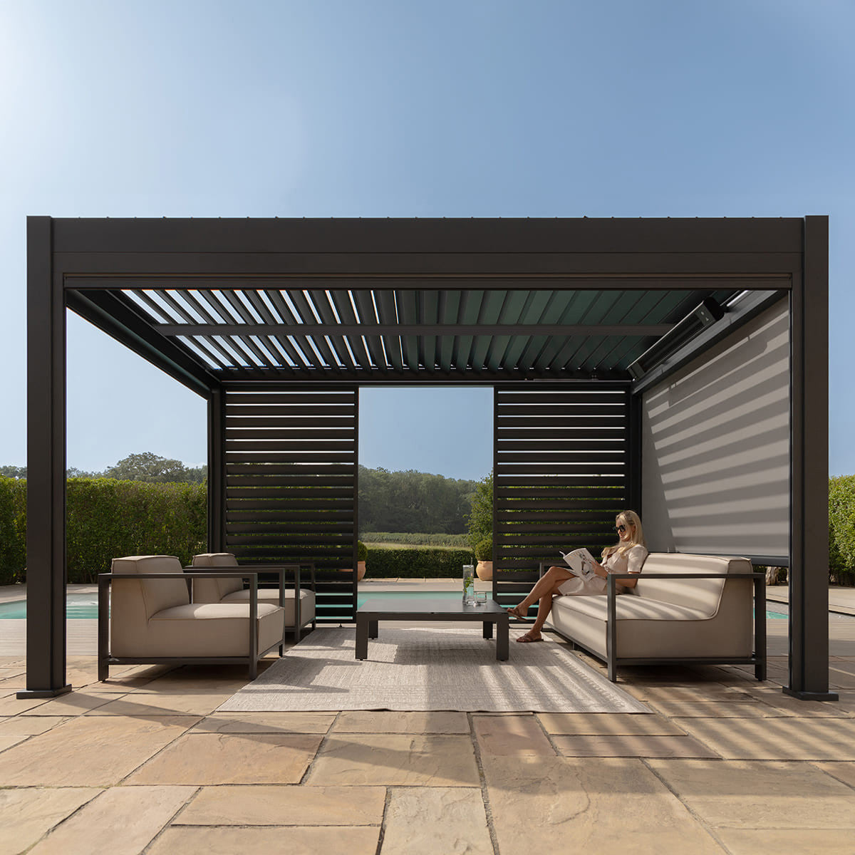 Eden Grey Aluminium Pergola Rectangular 4m x 4m - Electric Louvre Roof & LED Lighting