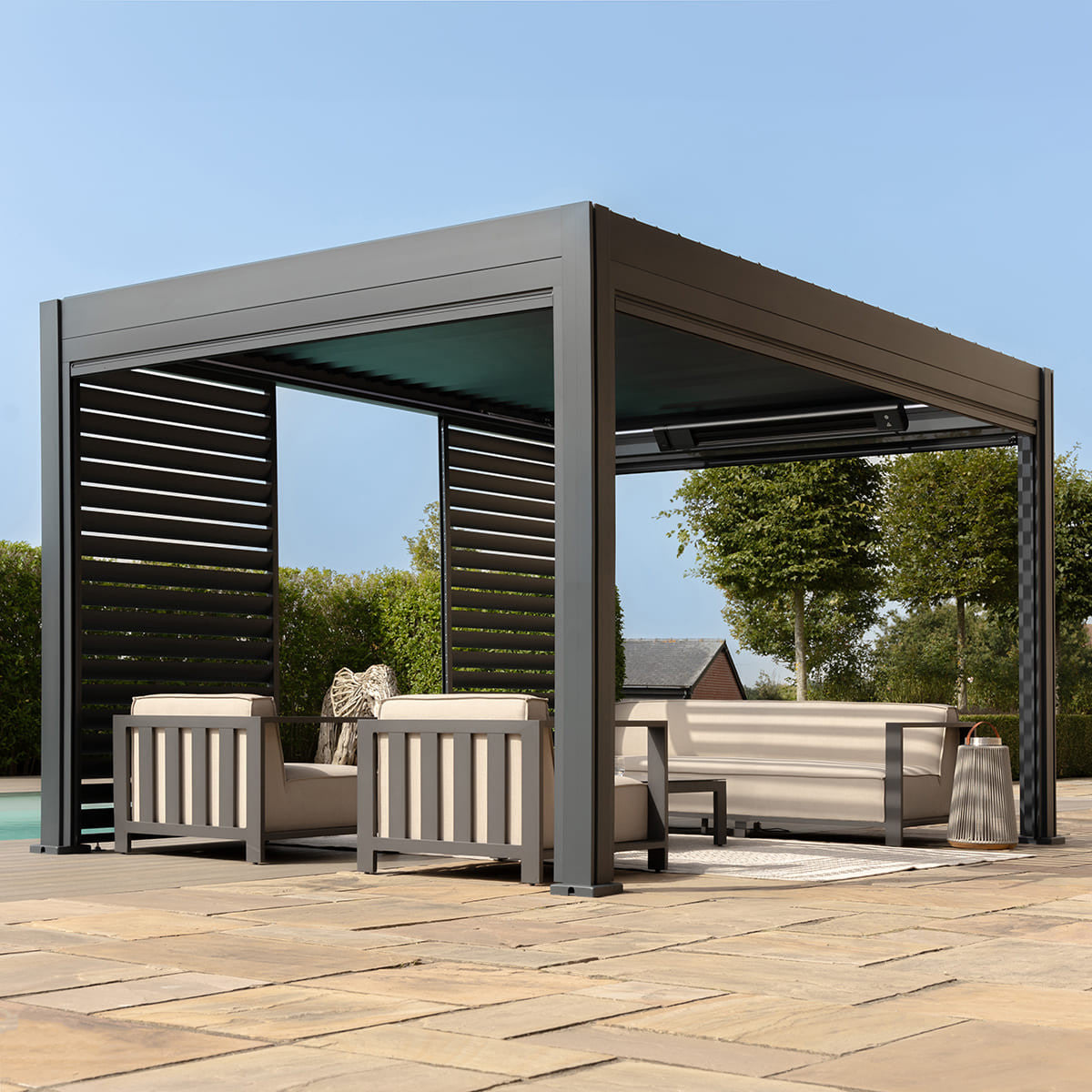 Eden Grey Aluminium Pergola Rectangular 4m x 4m - Electric Louvre Roof & LED Lighting