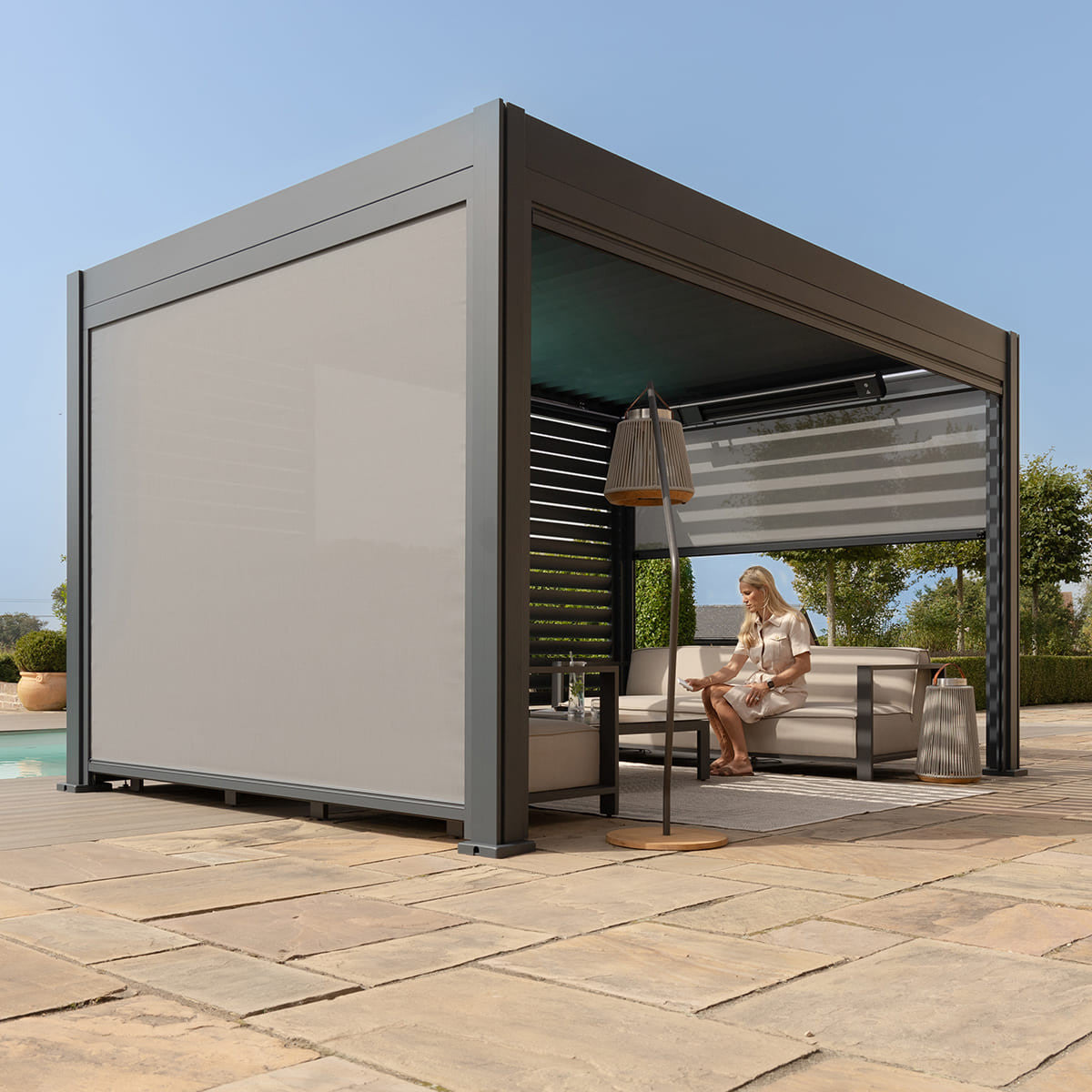 Eden Grey Aluminium Pergola Rectangular 4m x 4m - Electric Louvre Roof & LED Lighting
