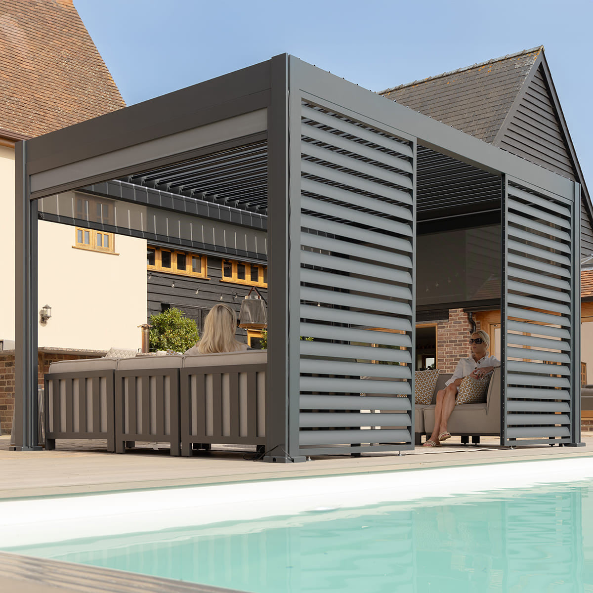 Eden Grey Aluminium Pergola Rectangular 4m x 4m - Electric Louvre Roof & LED Lighting
