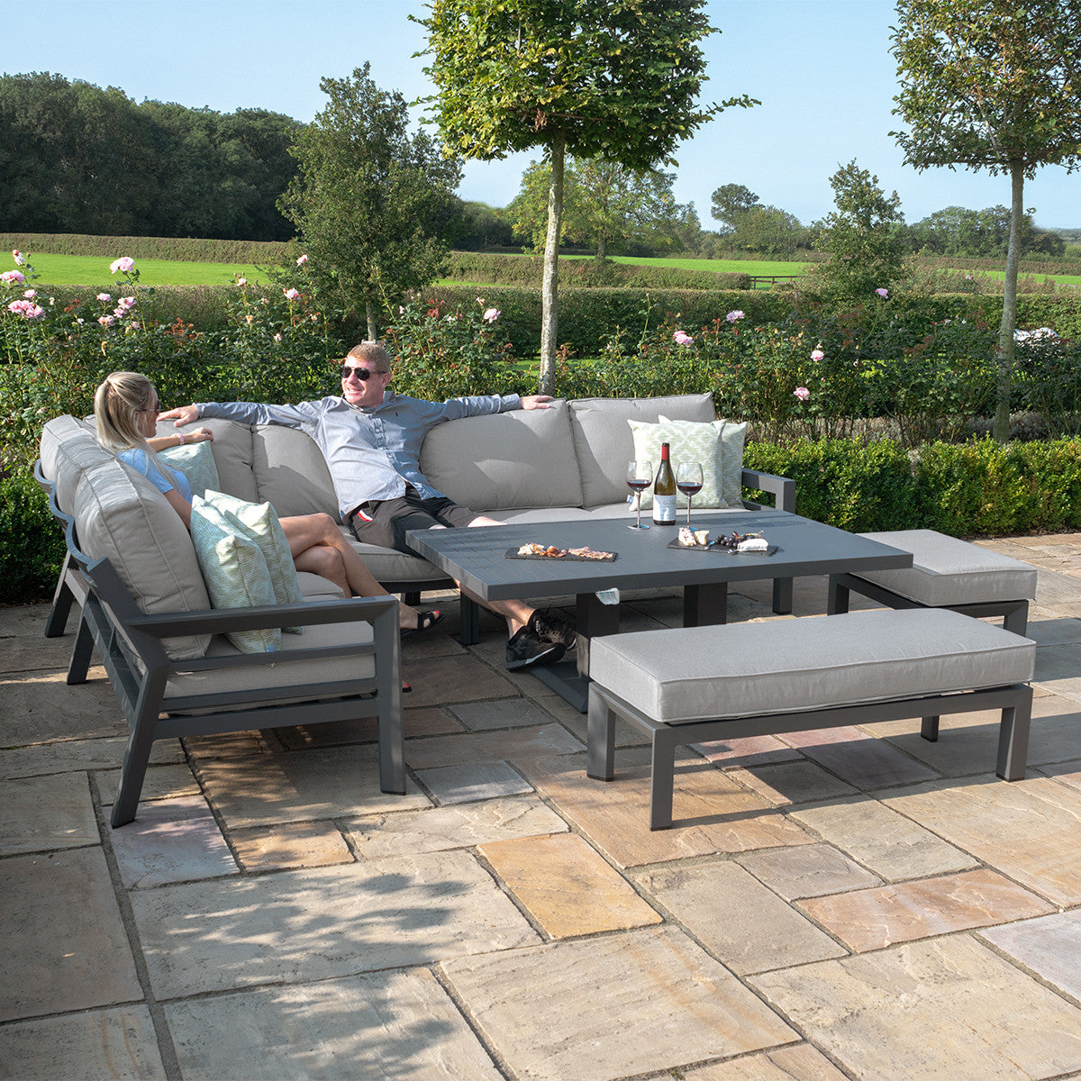 New York Dove Grey Outdoor Corner Sofa Dining Set with Rising Table | 8-10 Seater