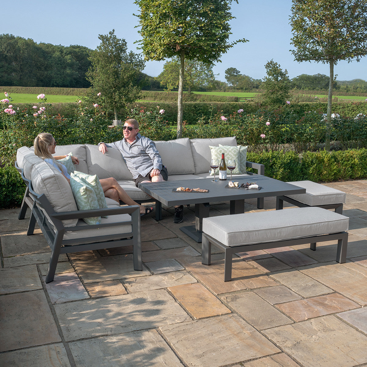 New York Dove Grey Outdoor Corner Sofa Dining Set with Rising Table | 8-10 Seater