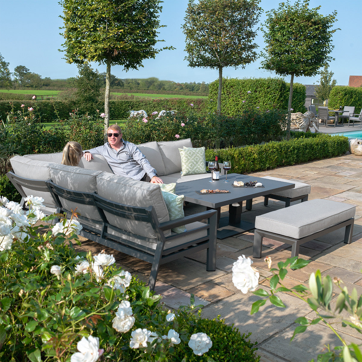 New York Dove Grey Outdoor Corner Sofa Dining Set with Rising Table | 8-10 Seater