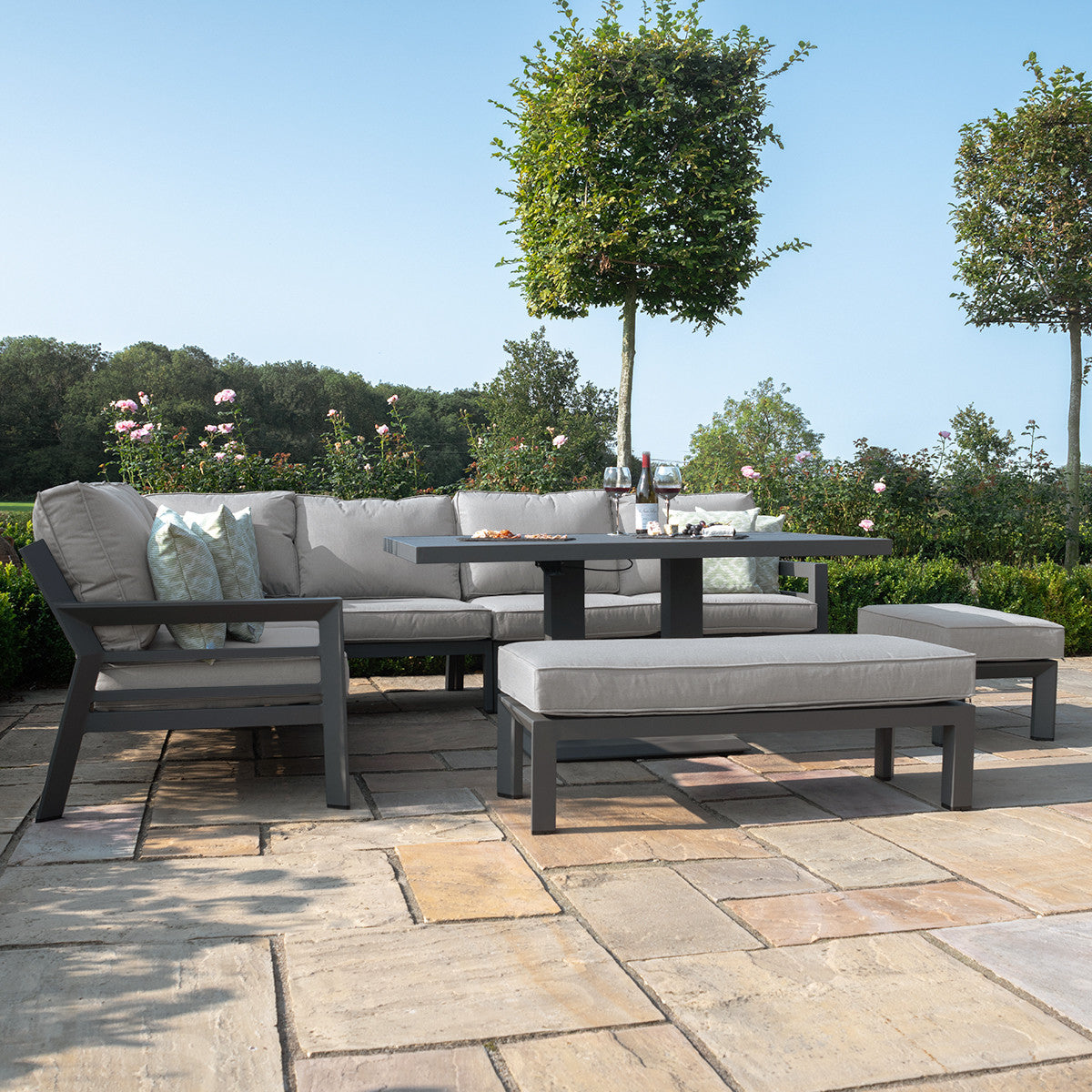 New York Dove Grey Outdoor Corner Sofa Dining Set with Rising Table | 8-10 Seater