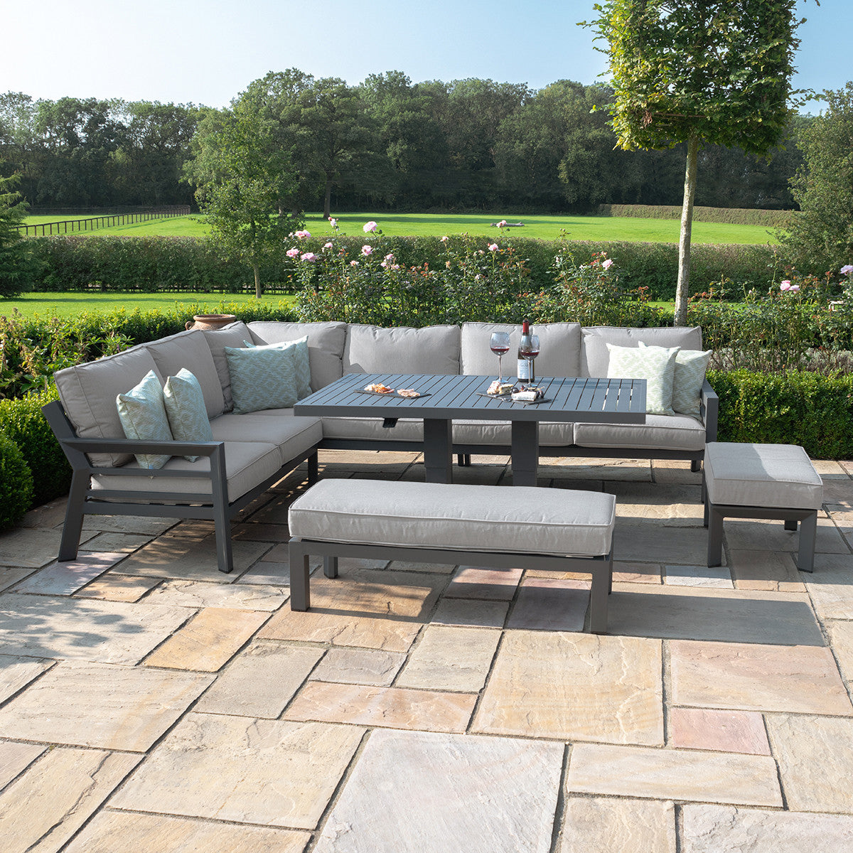 New York Dove Grey Outdoor Corner Sofa Dining Set with Rising Table | 8-10 Seater