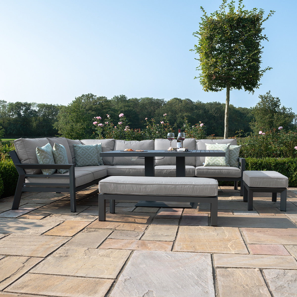 New York Dove Grey Outdoor Corner Sofa Dining Set with Rising Table | 8-10 Seater