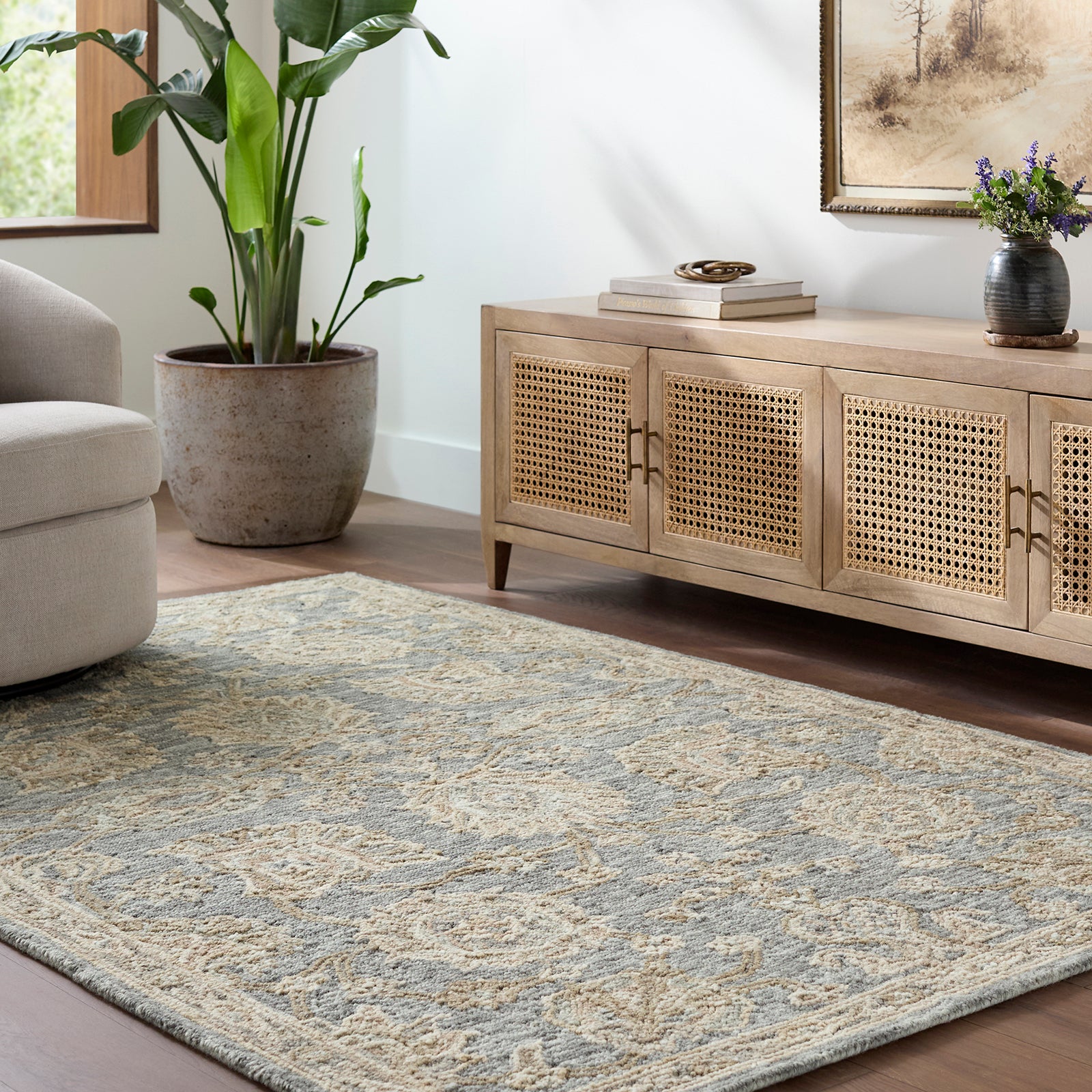 Arnold Traditional Wool Traditional Boho Blue & Denim Rug 152x229cm - room setting