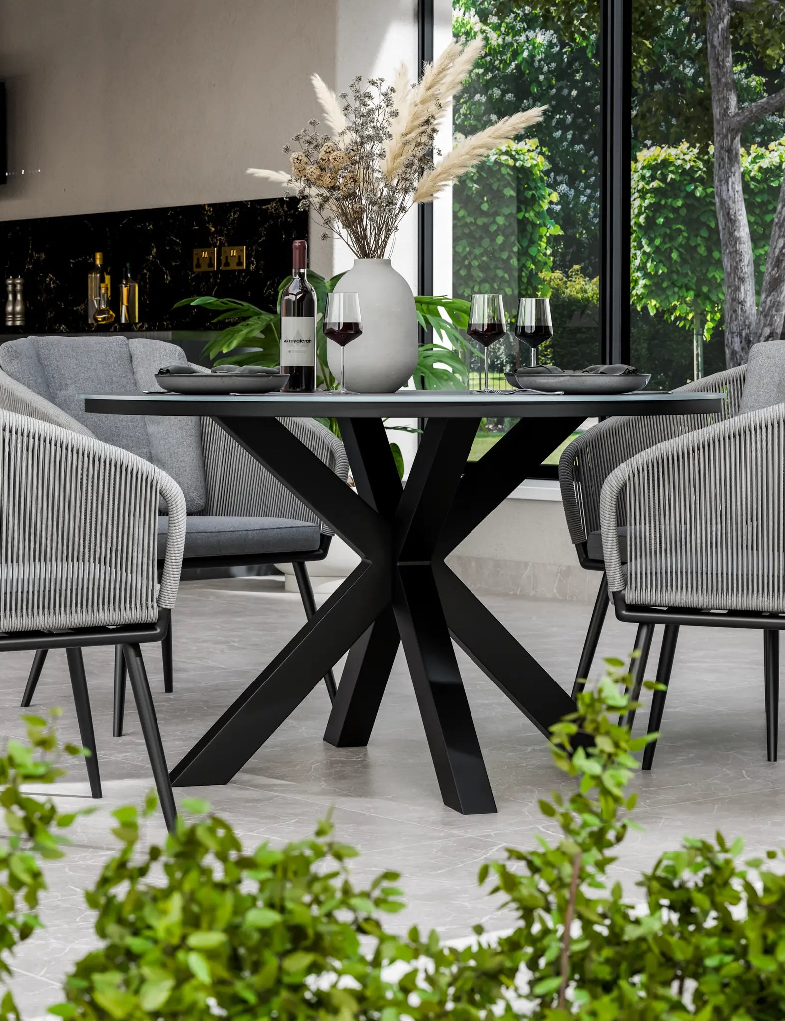 Pedra 4 Seater Grey Round Ceramic Glass Dining Set with Pedra Rope Chairs
