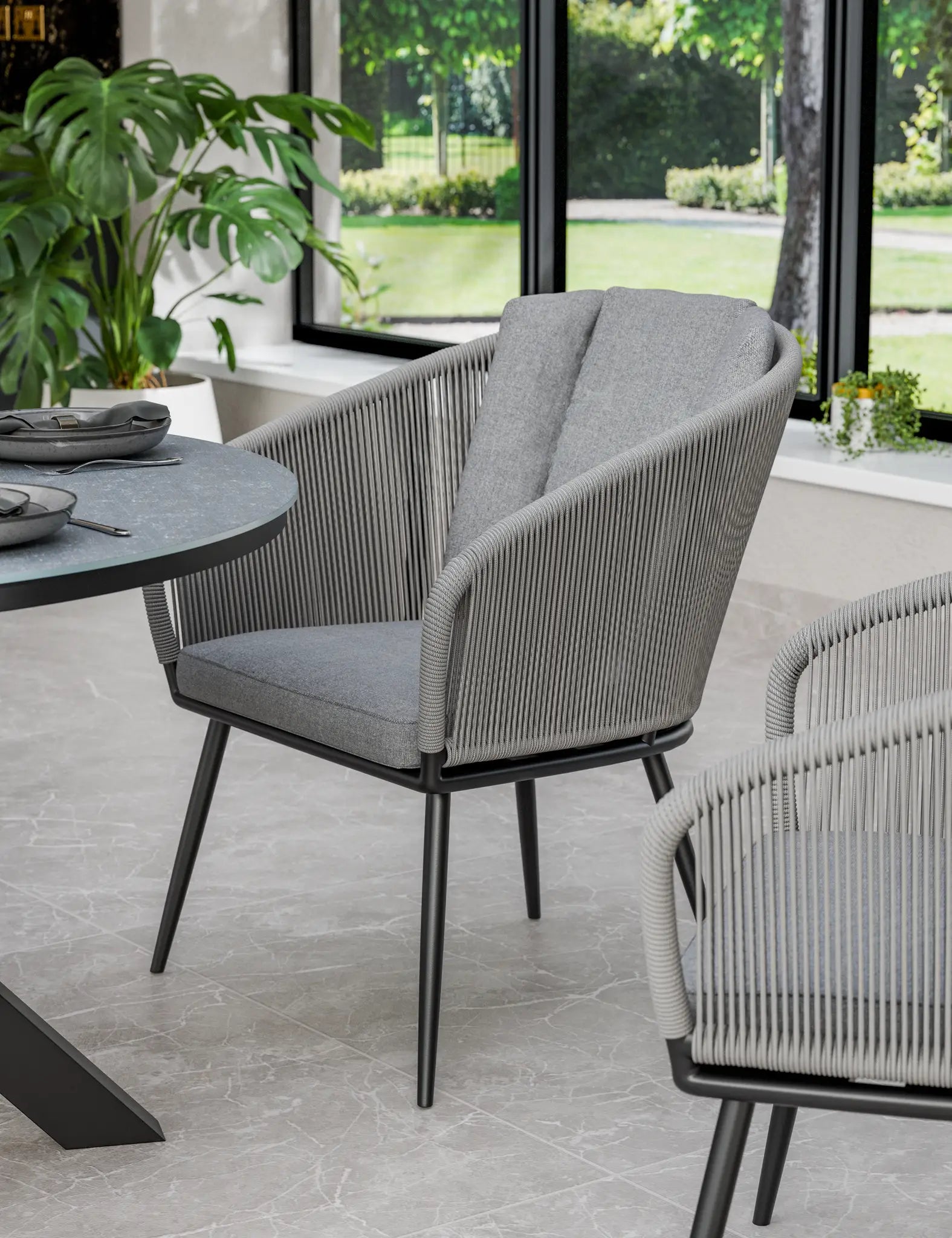 Pedra 6 Seater Grey Ellipse Ceramic Glass Dining Set with Pedra Rope Chairs