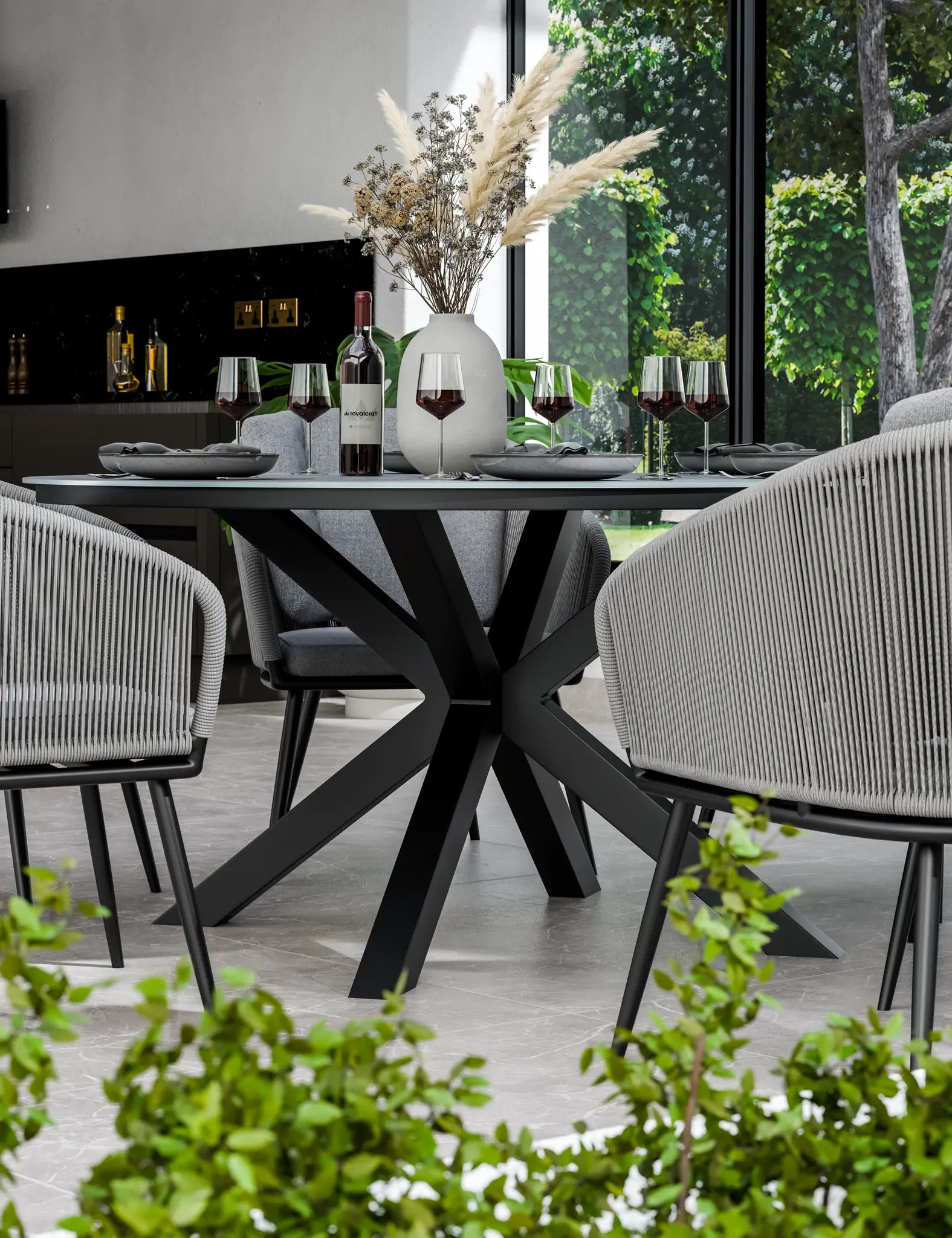 Pedra 6 Seater Grey Round Ceramic Glass Dining Set with Pedra Rope Chairs