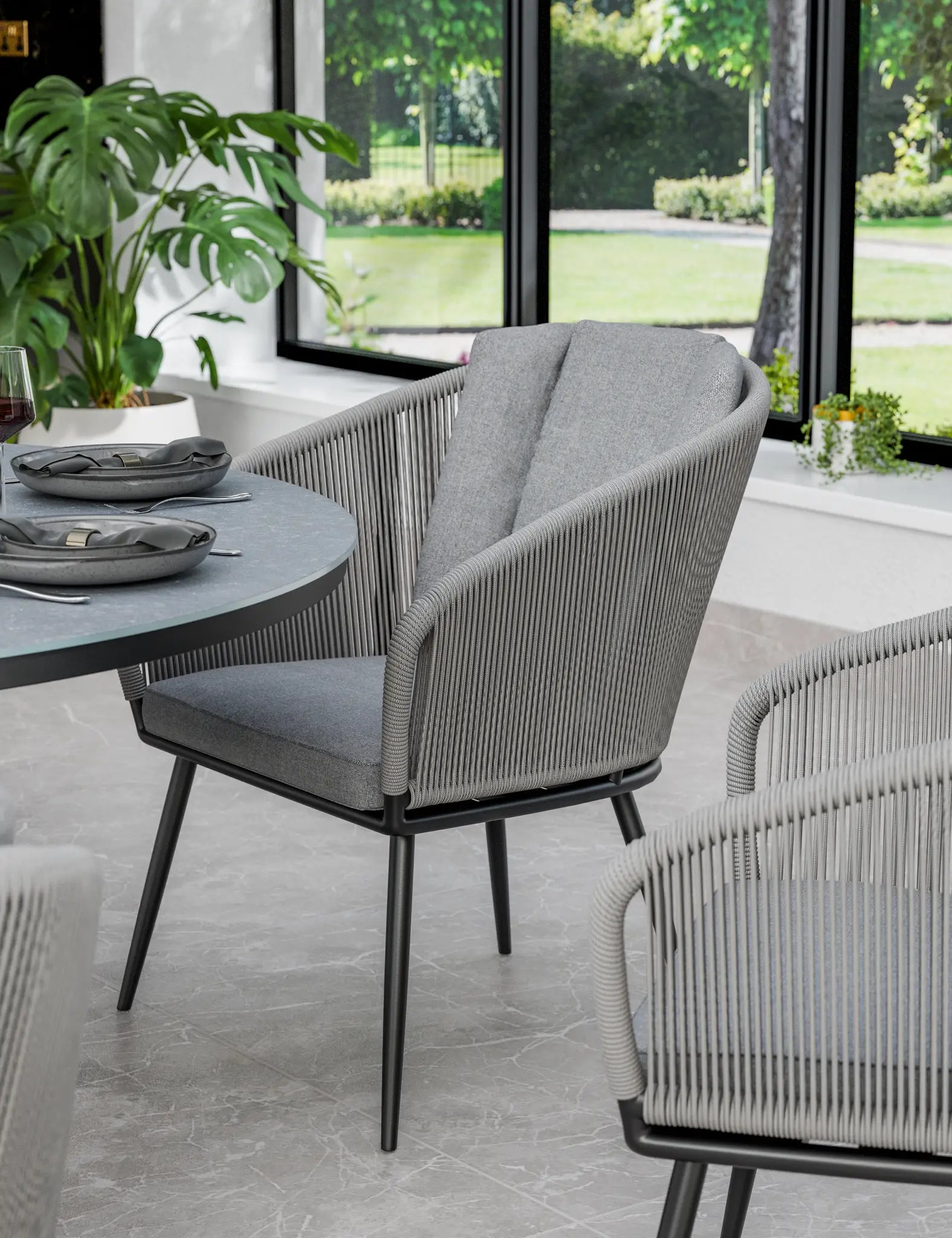 Pedra 6 Seater Grey Round Ceramic Glass Dining Set with Pedra Rope Chairs