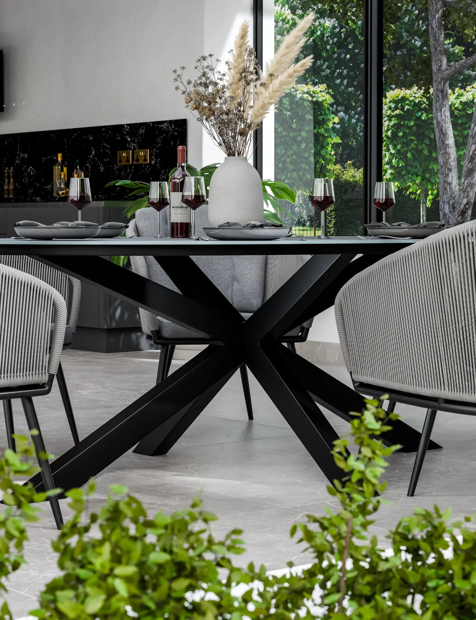 Pedra 6 Seater Grey Ellipse Ceramic Glass Dining Set with Pedra Rope Chairs