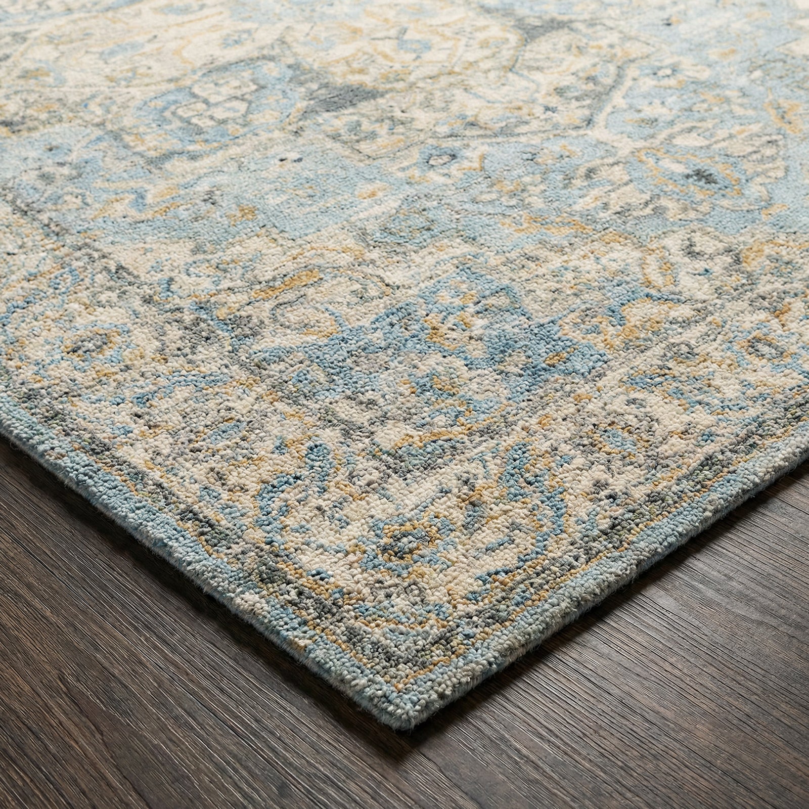 Avellino Vintage Traditional Boho High Pile Blue & Light Beige & Light Grey Polypropylene & Polyester Rug 200x280cm - corner detail