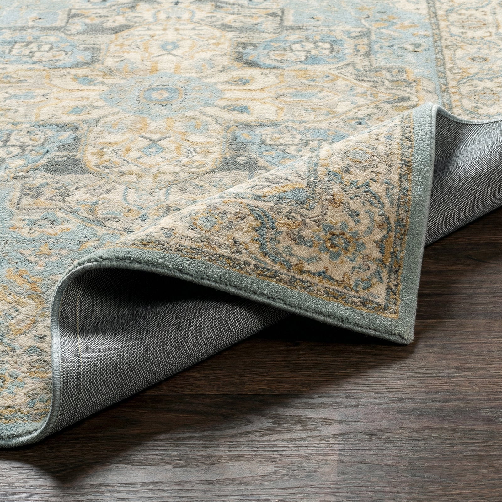Avellino Vintage Traditional Boho High Pile Blue & Light Beige & Light Grey Polypropylene & Polyester Rug 200x280cm - folded detail