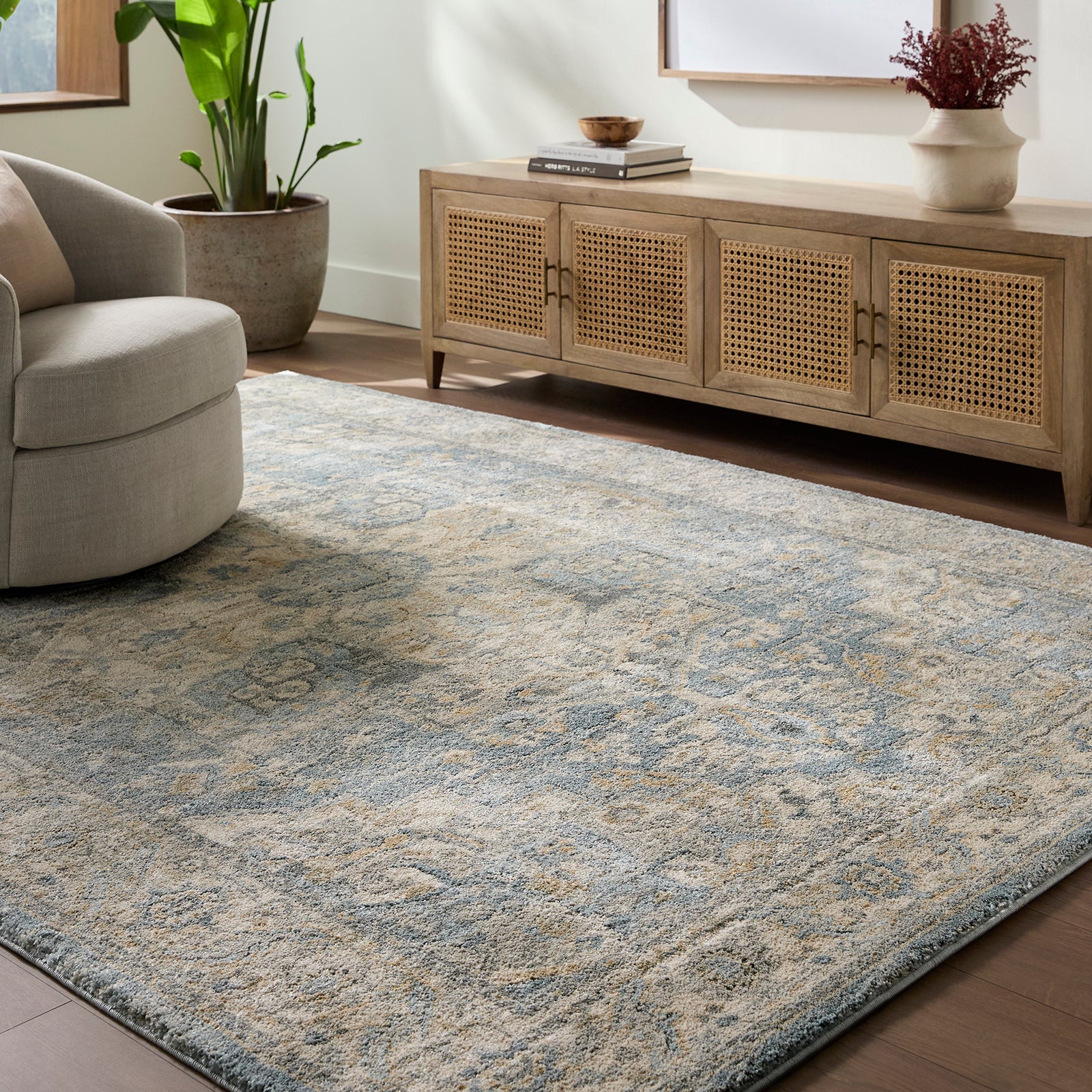 Avellino Vintage Traditional Boho High Pile Blue & Light Beige & Light Grey Polypropylene & Polyester Rug 200x280cm - room setting