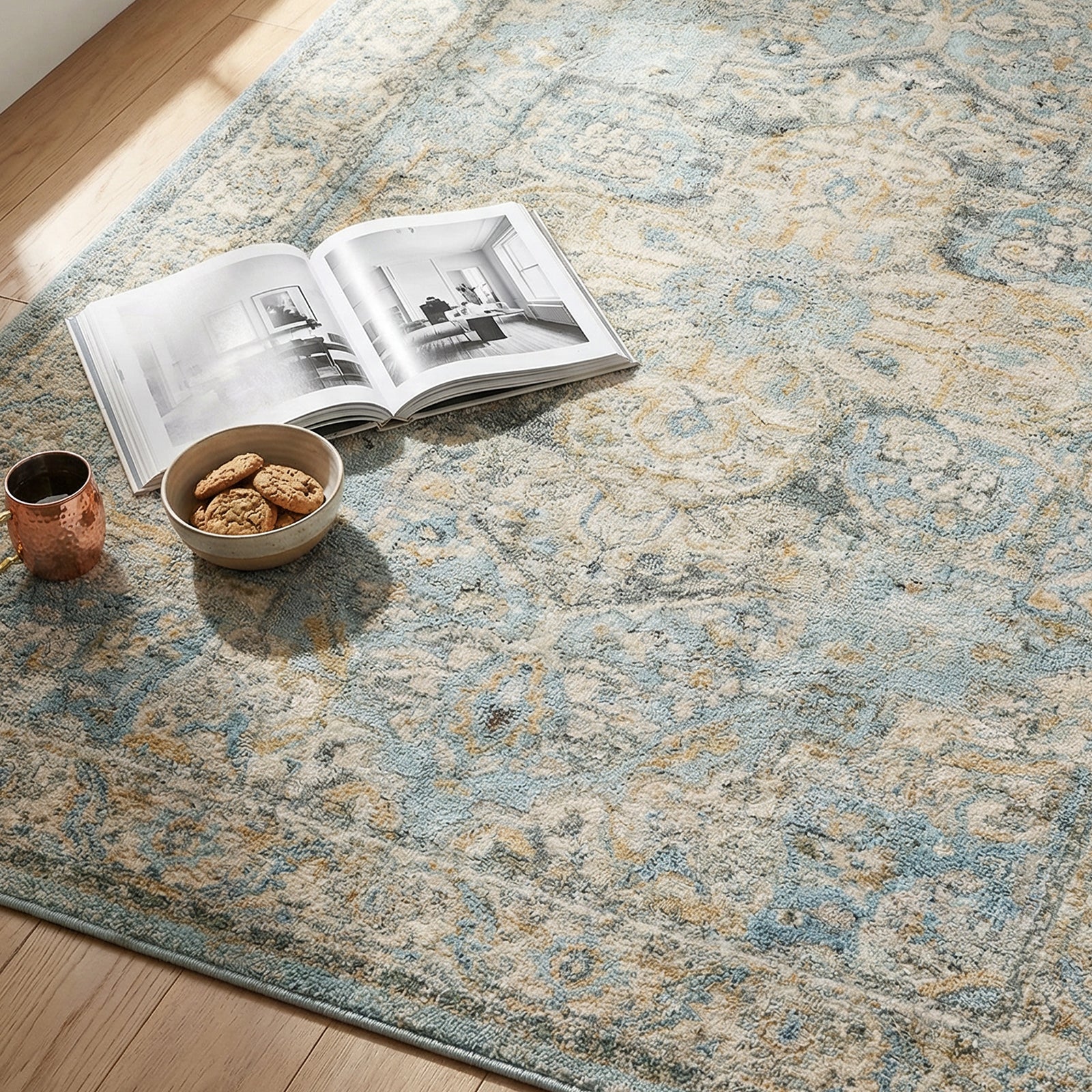 Avellino Vintage Traditional Boho High Pile Blue & Light Beige & Light Grey Polypropylene & Polyester Rug 200x280cm - styled detail