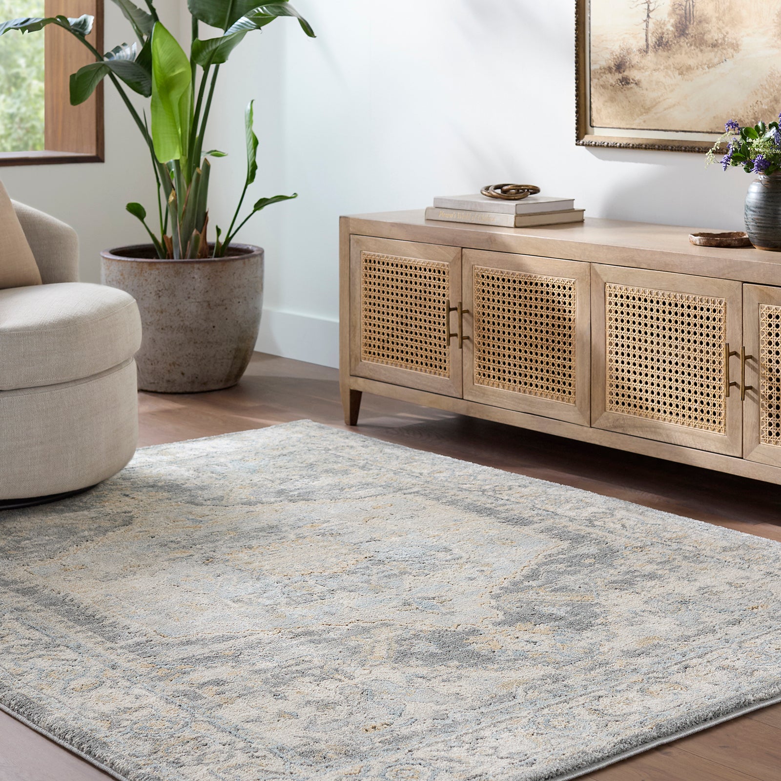Avellino Vintage Traditional Boho High Pile Blue & Light Beige & Light Grey Polypropylene & Polyester Rug 160x213cm - room setting