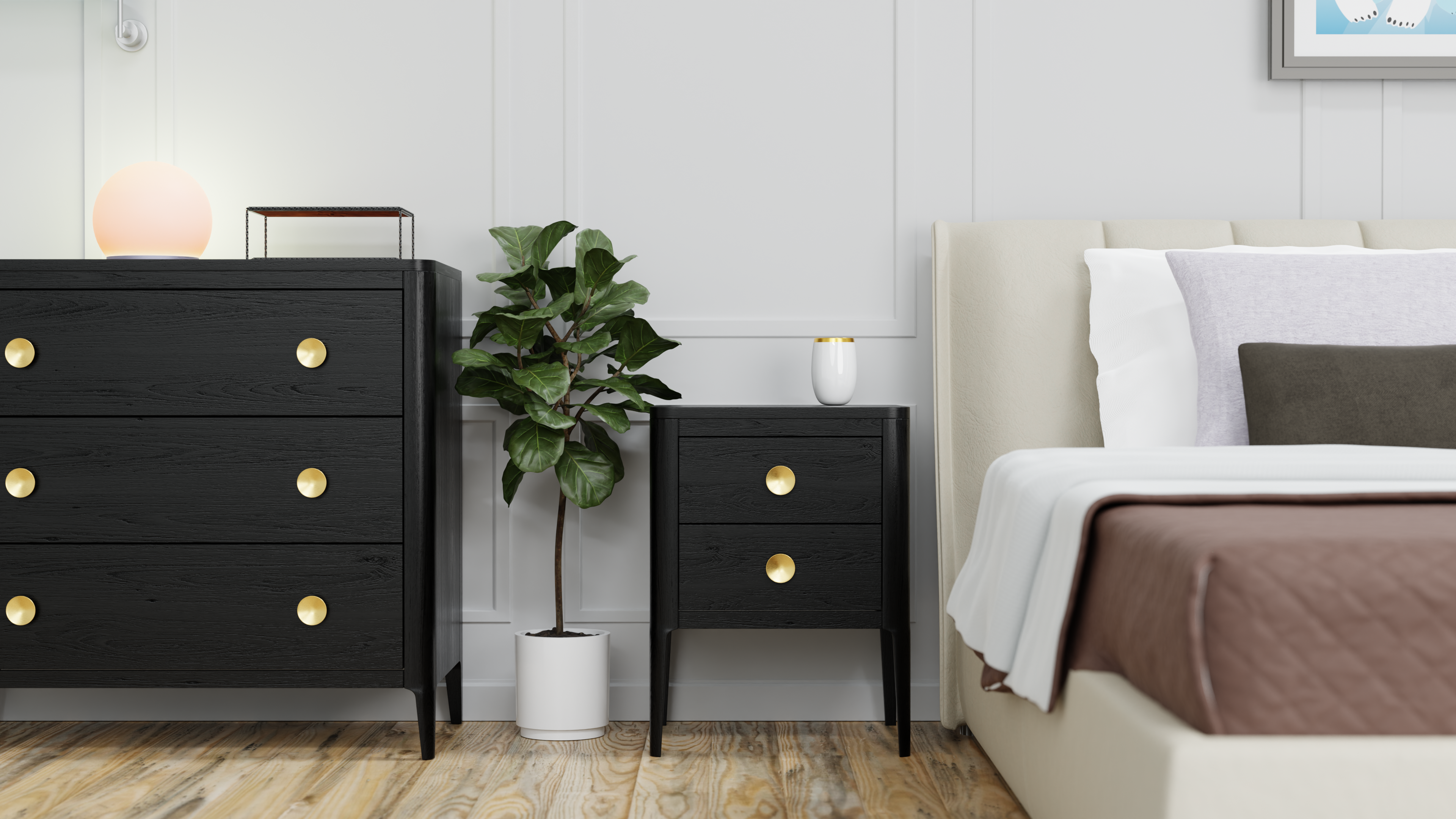 DI Designs Abberley Black Oak Wood & Gold Bedside Table | 2 Drawers