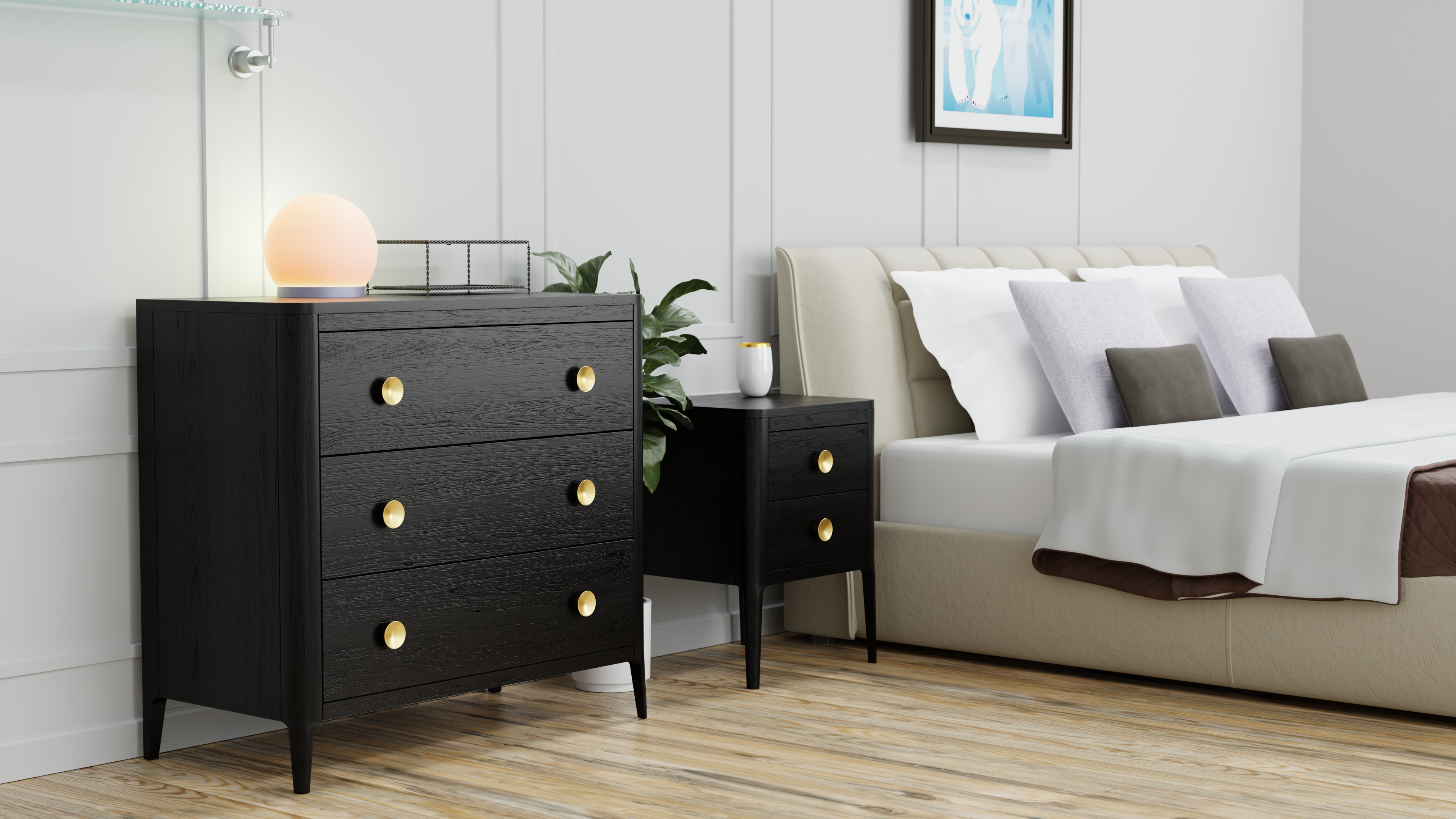 DI Designs Abberley Black Oak Wood & Gold Bedside Table | 2 Drawers