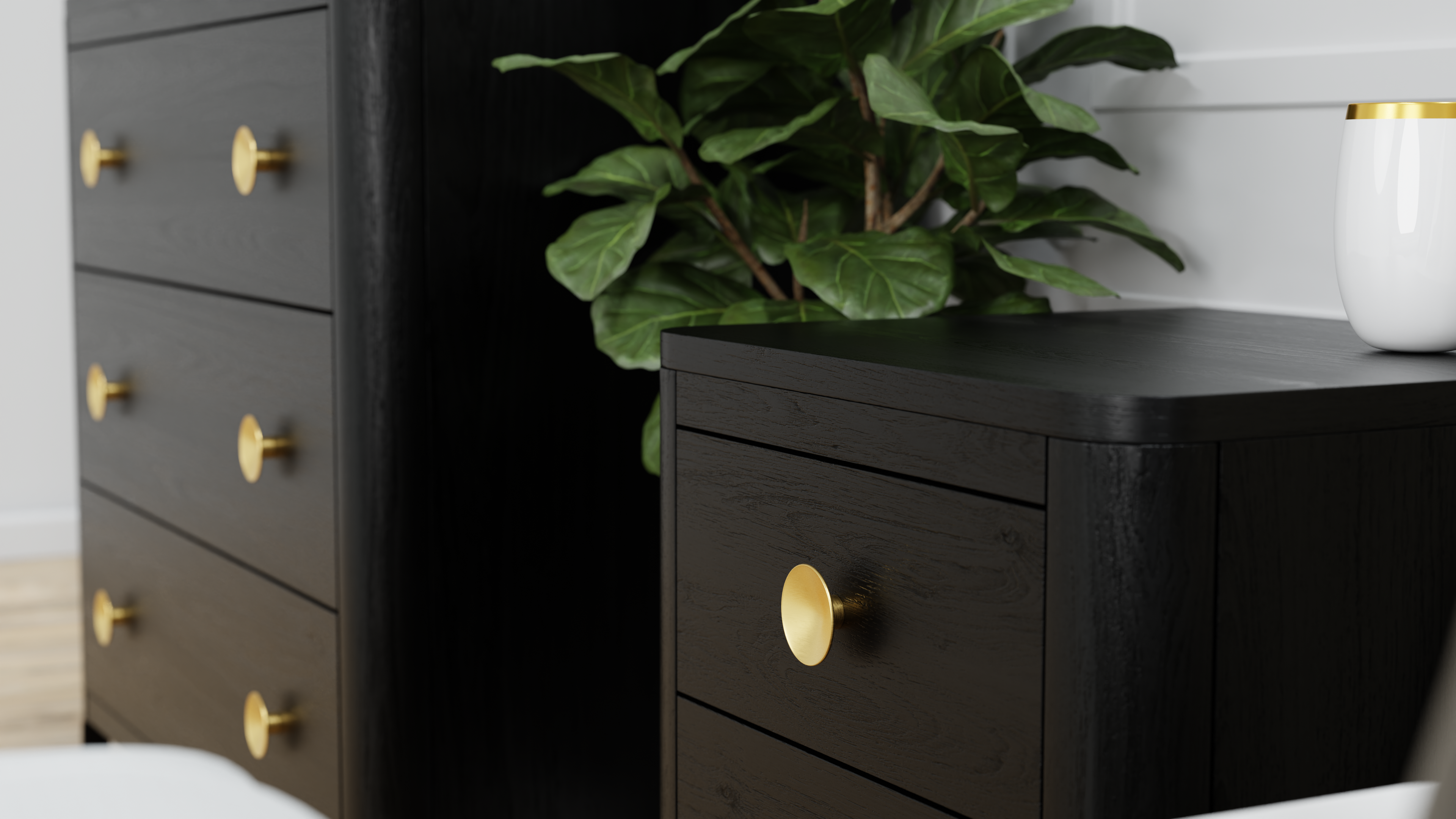 DI Designs Abberley Black Oak Wood & Gold Bedside Table | 2 Drawers