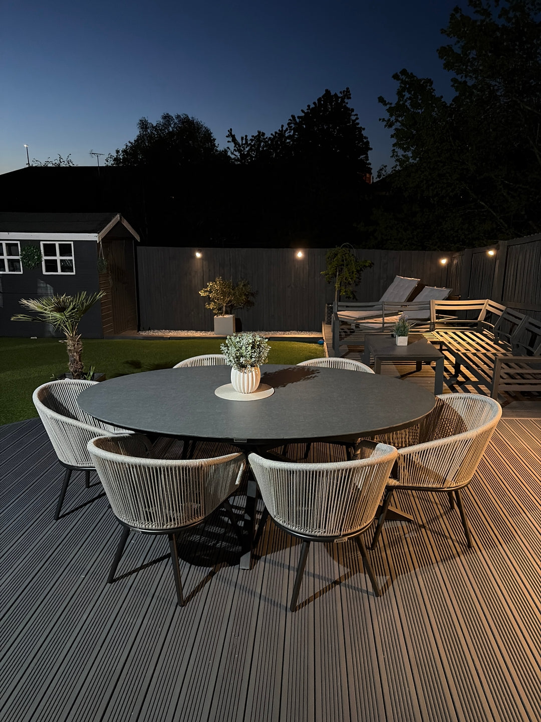 Pedra 6 Seater Grey Ellipse Ceramic Glass Dining Set with Pedra Rope Chairs