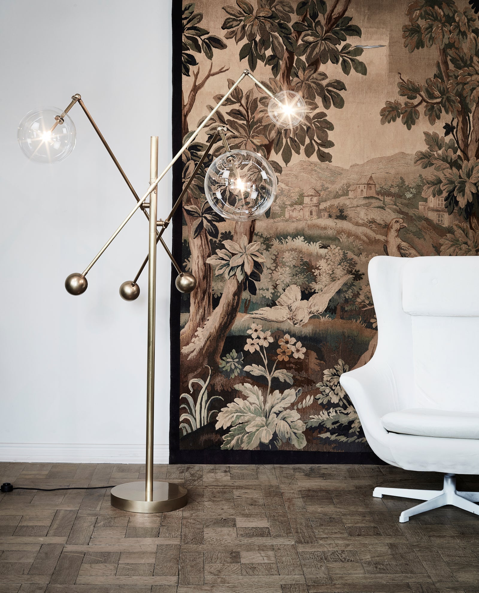 Schwung Milan 3 Arms Polished Nickel Transparent Globe Floor Lamp