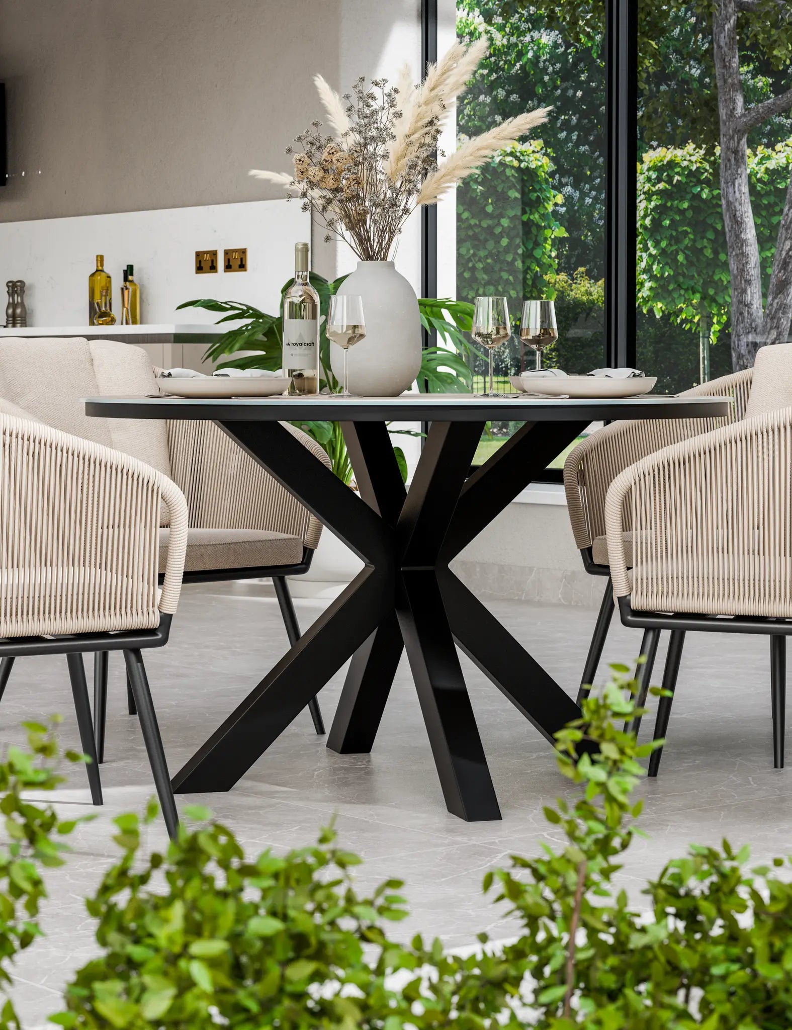 Verona 4 Seater Round Ceramic Glass Dining Set with Verona Rope Chairs