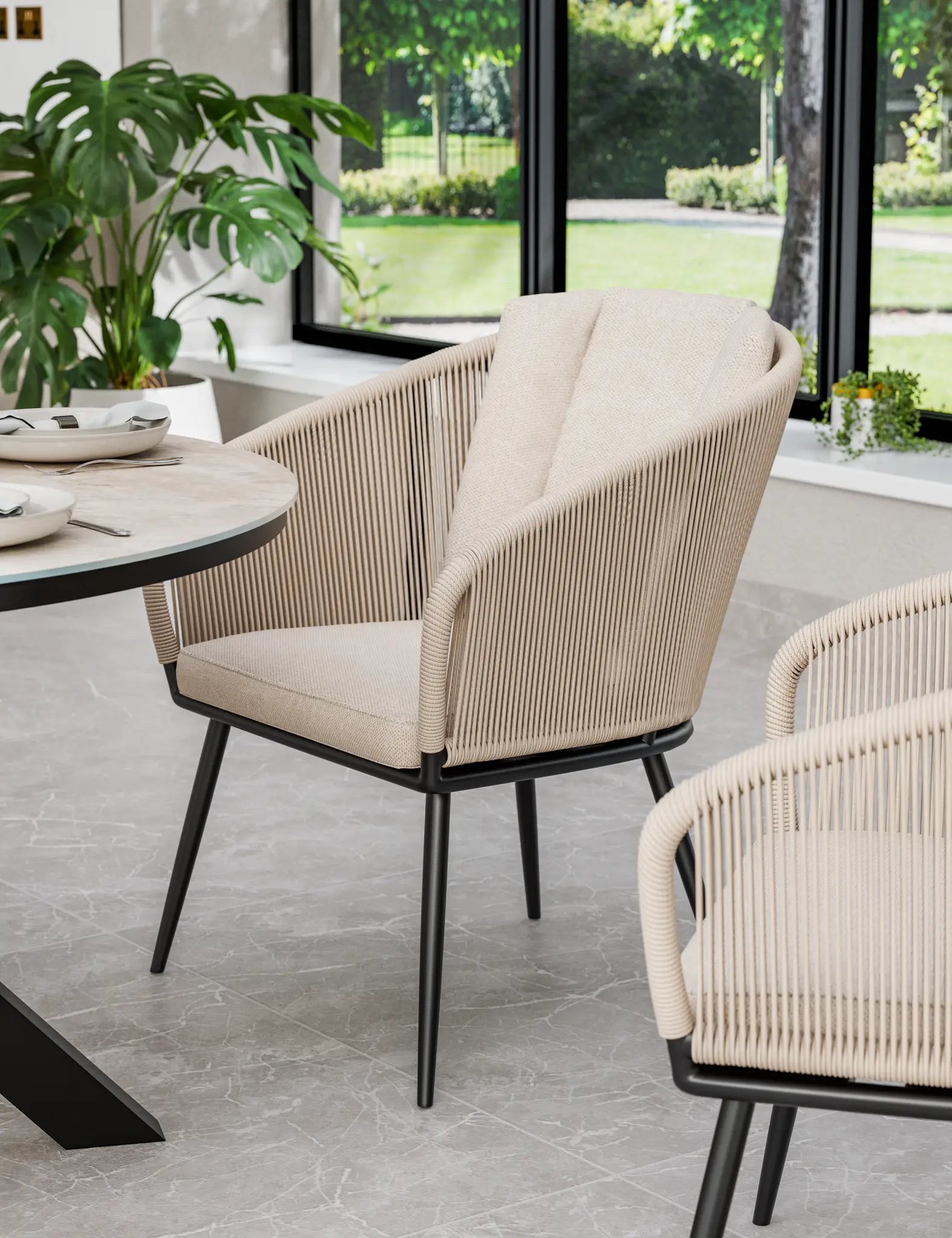Verona 4 Seater Round Ceramic Glass Dining Set with Verona Rope Chairs