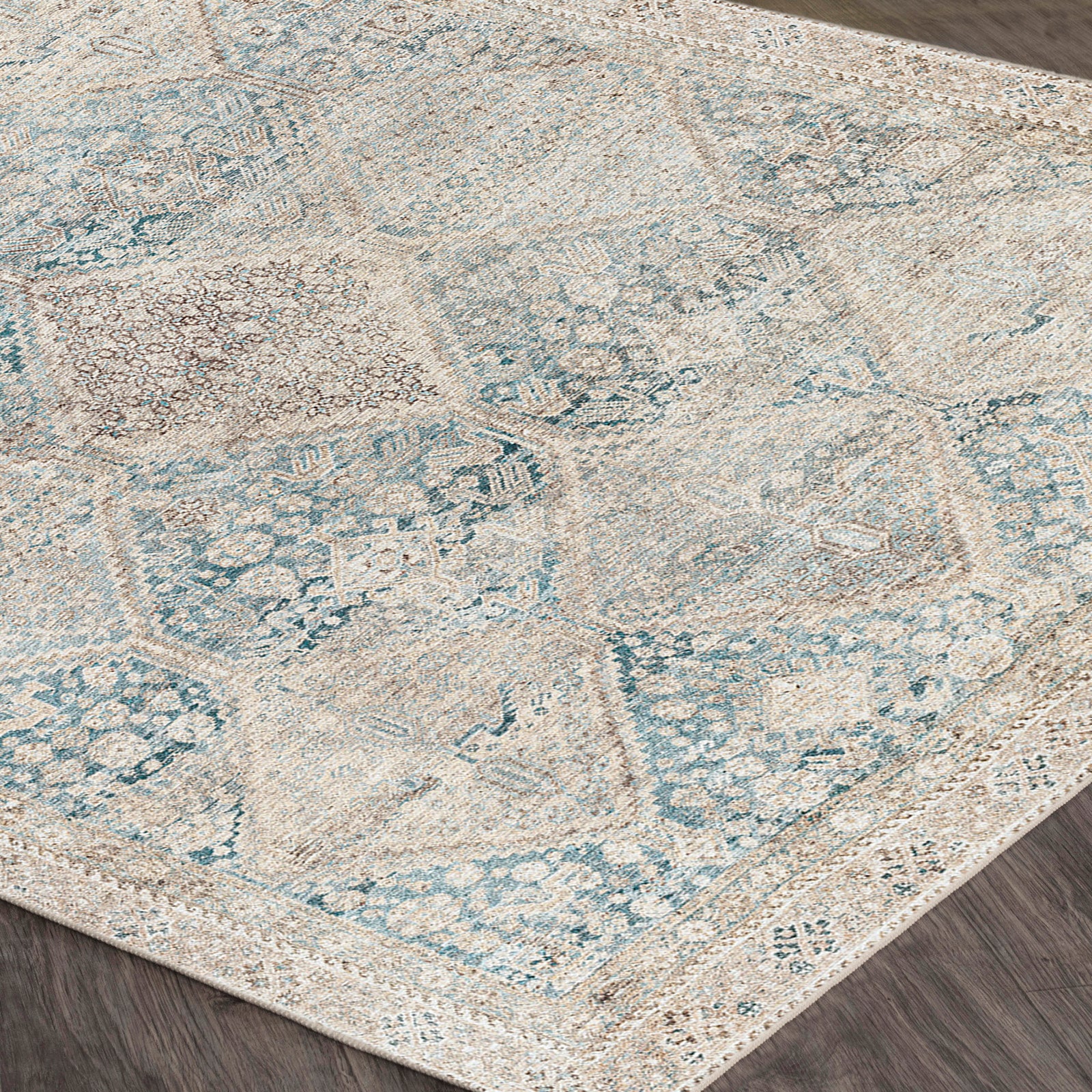 Marlene Becki Owens Vintage Traditional Vintage Boho Natural & Emerald Polyester Rug 117x170cm - corner detail