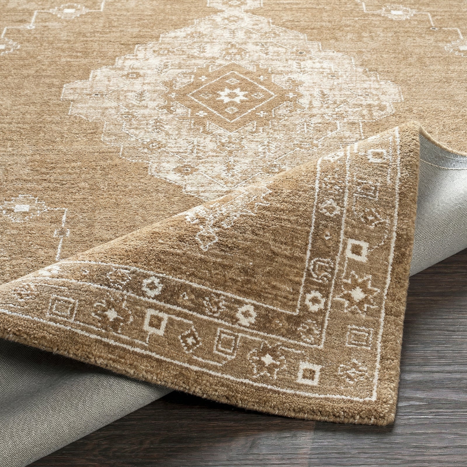Penny Becki Owens Vintage Traditional Vintage Boho Fringe Tan & Mustard & Ivory Polyester Rug 200x275cm - folded detail